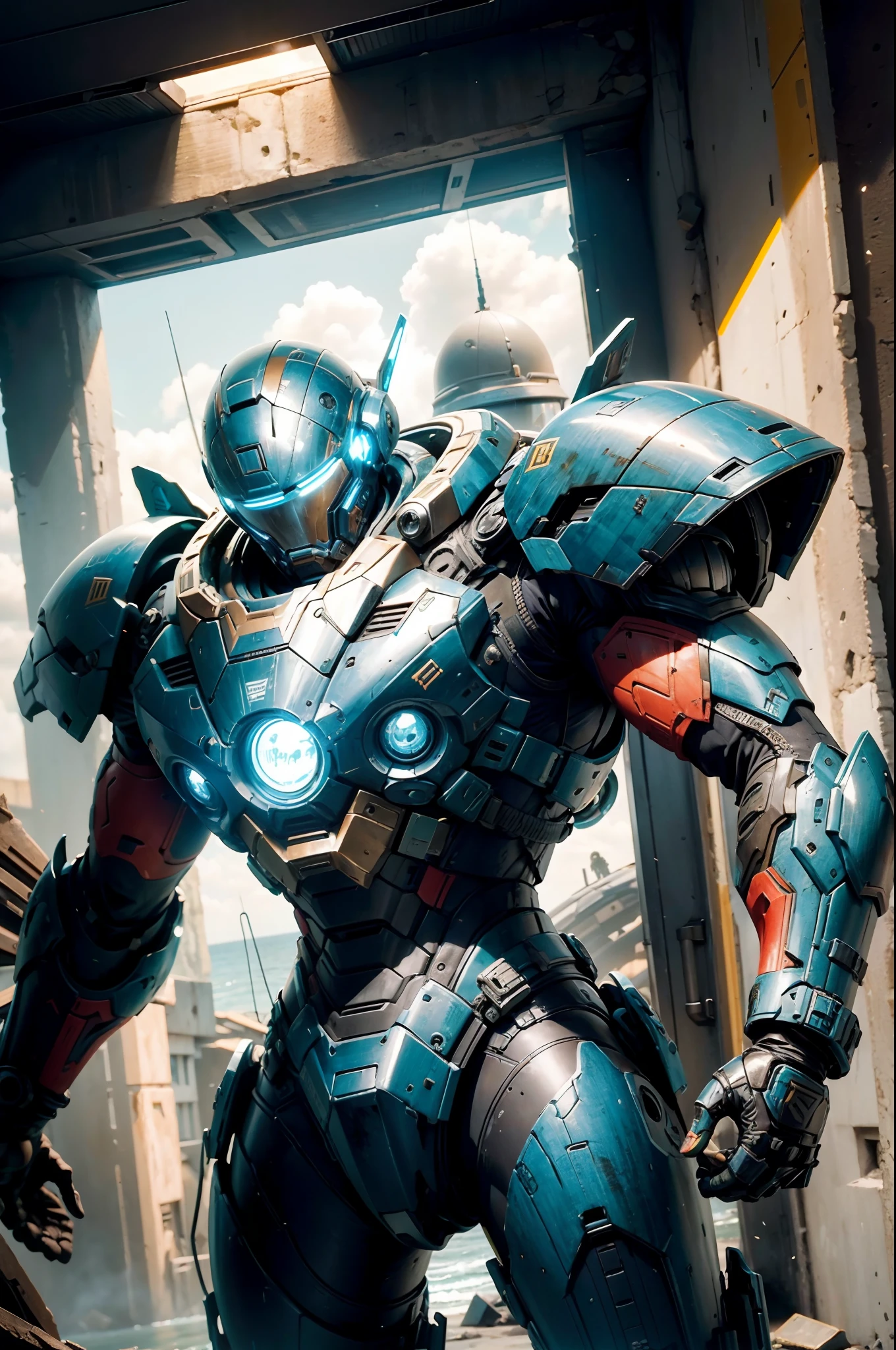 (Futuristic :1.4), Unidade de Busca e Salvamento,1 soldado, Searching in ruins with scanning devices, ((futuristic armor AND tactical helmet)), ((PLANETA azul no fundo)) , Armadura Laranja, capacte estilo ironman, UHD, master part