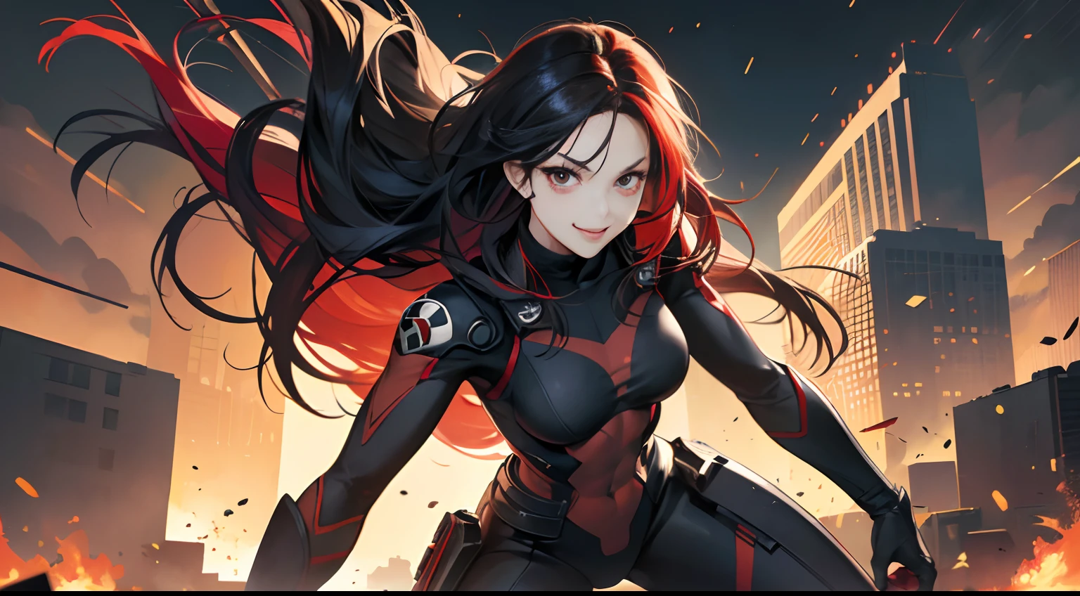 (Best Quality,4K,High resolution), girl with, Red mesh hair on black hair, Long straight hair, sharp eye, Smile refreshingly, Hero Suit,Comical appearance,noisy,rampage,comic strip,animesque,Comical illustration,Bustling background,Deformed cute illustration,fighting poses、Poster-like depiction、Makeover Pose