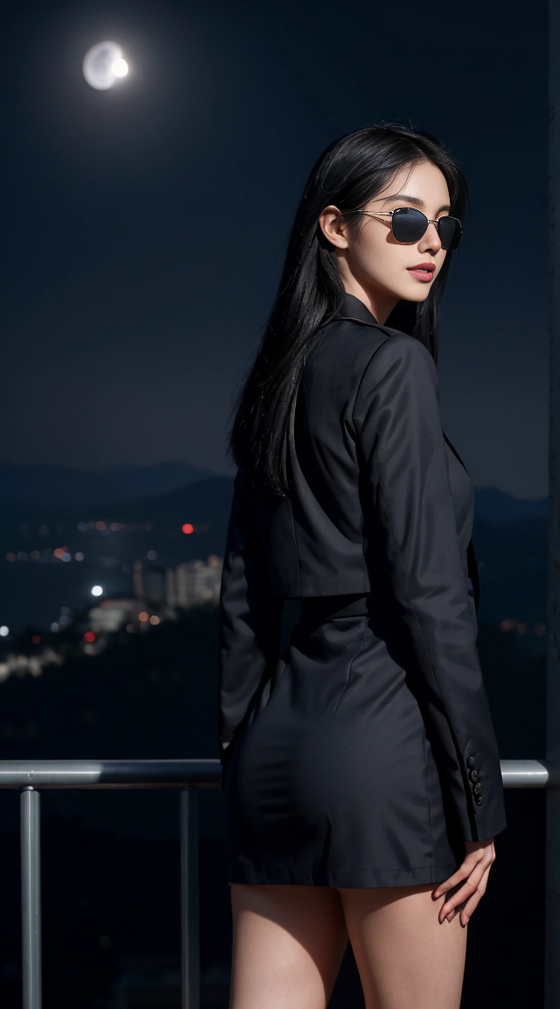 8K, Top Quality, Intricate Details, Ultra Detail, Ultra High Resolution, Masterpiece, ((from behind)), Slender, Smile, (Makeup: 0.4), (Fluffy Blue Eyes: 1.21), blue Eyes, looking at background, ((full body)), 1girl, solo, 1 girl, (( full body)), close up shot, standing , ((tall)), (((fit body))), (((slim face))), sharp face, sharp eyes, (((black hair, long hair, )) (detailed face), sharp face, small lips,
(((Black sunglasses))), ((japanese school uniform)), detailed face, detailed breast, , large breast, detail ass, big ass, round ass , Beautiful girl with accentuated slender abs: 1.4, Six Pack Abs: 1.4, Bust Botox, Big, Perfect Body, detail leg, (( moonlight)), top of mountain