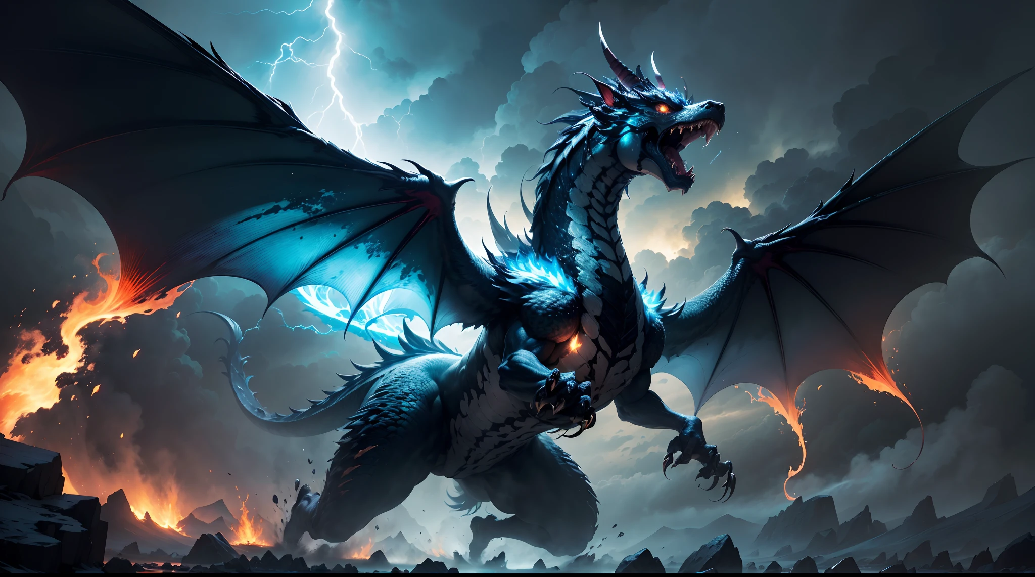 (The main subject: Wide-angle lens), The flame is light blue,[（multicolor，chinesedragon+horn+flowing mane+sharp claws and fangs)+(Dynamic and powerful wings）], Lightning,dramatic clouds,(Deep depth of field), rich details​, (Wide sky), (sense of vastness),Energy and vitality, Intricate details.(Best quality, A high resolution, Masterpiece:1.2), (Realistic:1.37), hdr。