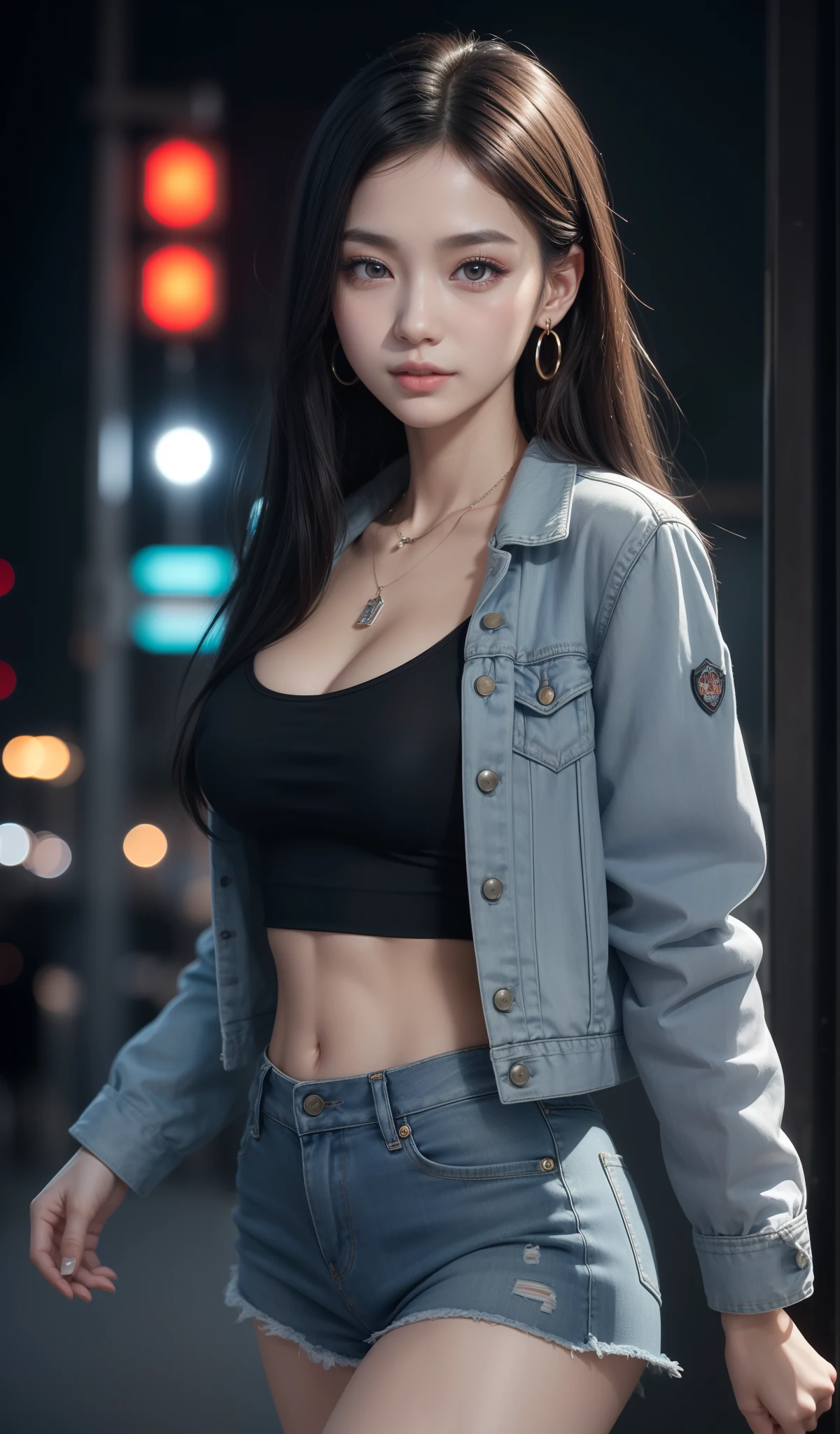8k, Masterpiece, RAW Photo, Best quality, detail:1.2), photorealistic, Extremely detailed CG unifies 8k wallpapers, Depth of field, cinematic light, Lens flare, Ray tracing, (extremely beautiful face, beautiful lips , Beautiful eyes), Intricate detail face, ((Ultra detailed skin)) 1girl, Dark, deep shadow, Pretty Korean girl, Kpop idol, (Very slim and slim muscular body:1.3), ((View viewer)) ,(big smile), (Mini jean skirt),(open jacket), (Injection cuff), (City night, (Neon light sign), (Night), Pretty Korean girl, Earrings, bracelet, necklace, no pantyhose, light eyes, walking, (Pale skin), Face forward, (big eyes), ((Shots in the upper part of the body)), Go back, Back shot, very thin, Slander