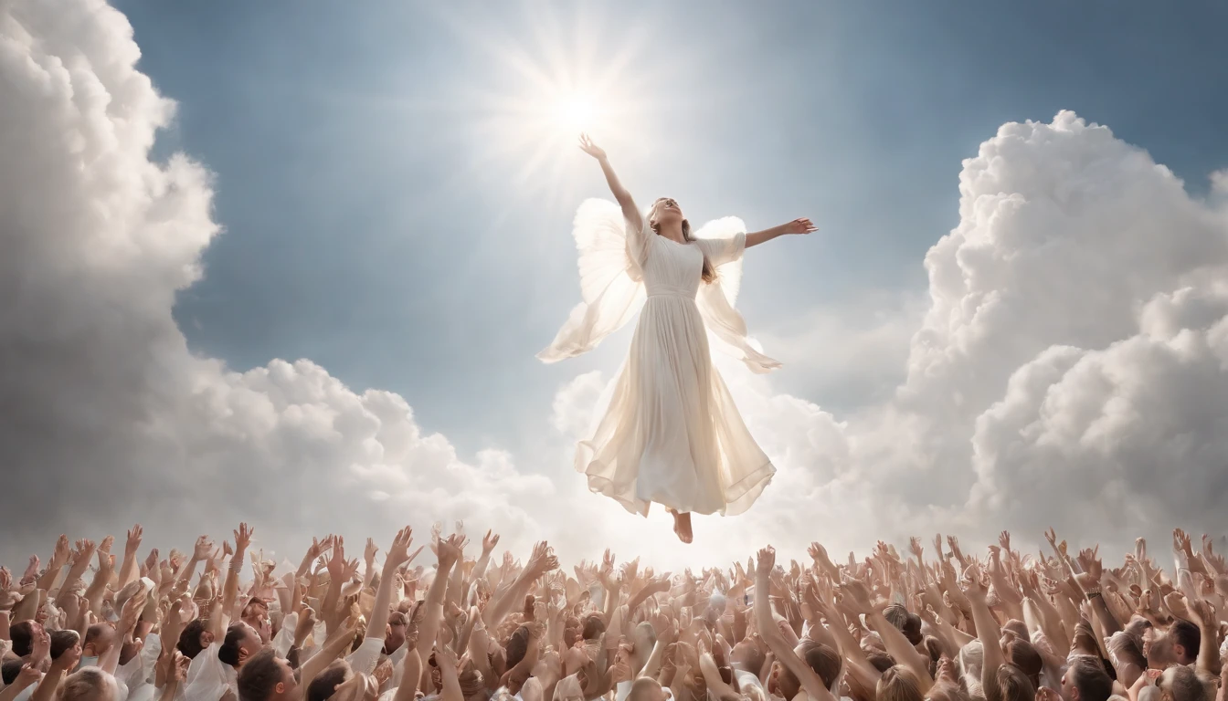The Rapture ,Thousands of people are floating in the air,Standing on the clouds, Thousands of people are dressed in white, Raise your hands and sing hymns to praise God. The scenes are magnificent and surreal. (Best Quality, 4k, 8K, high resolucion, Masterpiece:1.2), Ultra-detailed, (realisitic, Photorealistic, Realistis:1.37), portrait of a, Vivid colors, studio lit, Sharp focus, physics based rendering, extreme detail description, Biblical Topics, grand ambience, radiant light.