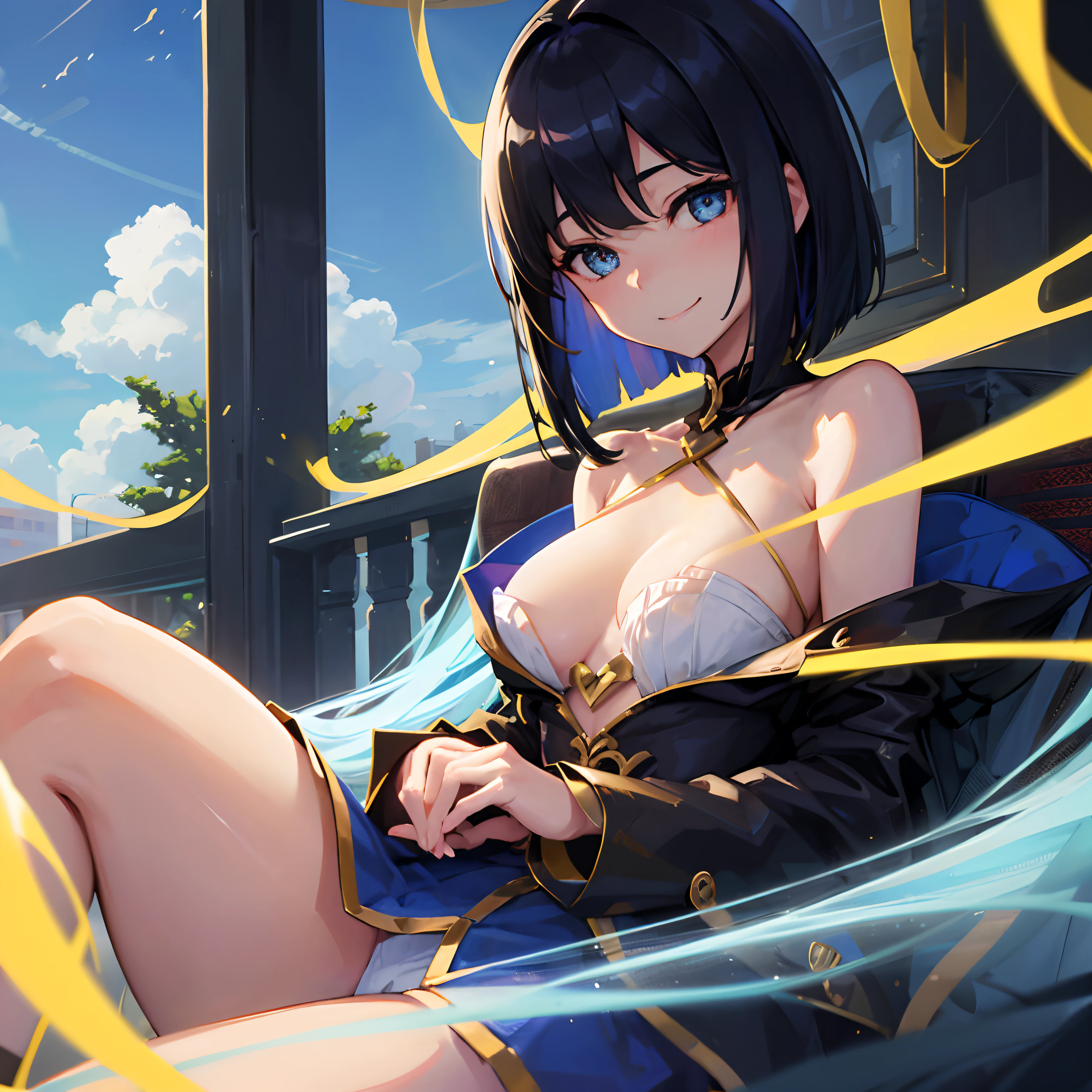 Girl having sex、Blue and gold eyes、(One Woman:1.2)、24 year old、shoulder-length black hair、Medium bob、Hotel、Medium chest、A smile、top-quality、(teats)、pubick hair