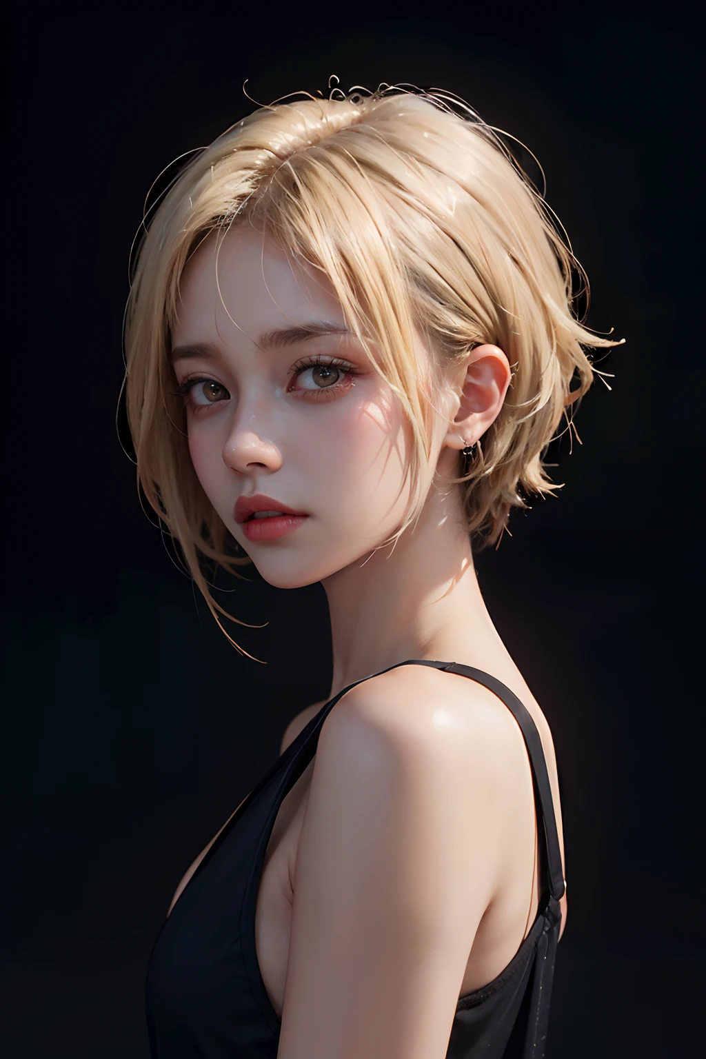 a 20 yo woman, blonde, (hi-top fade:1.3), dark theme, soothing tones, muted colors, high contrast, (natural skin texture, hyperrealism, soft light, sharp)