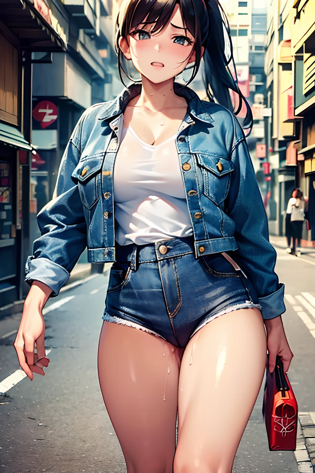 (Masterpiece, highest quality:1.3), High resolution, (game cg: 1.3), 35 years old, (Cute:1.3), slant eyes, Big Tits,Sporty figure, Ponytail, Denim Jackets, standing, in tokyo street, smaili, morning, natural light, sweat, girl trembling with sexual climax, (pussy juice:1.1)