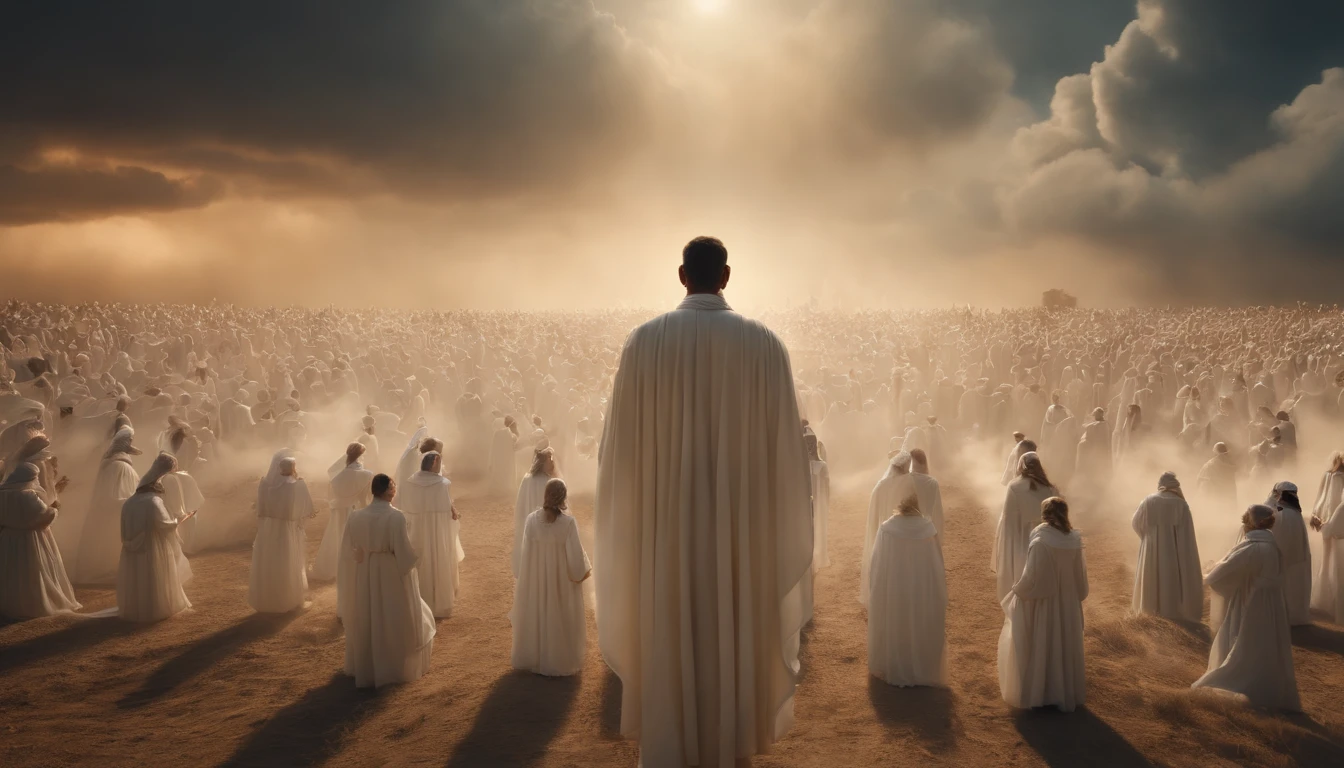 The Rapture ,Thousands of people are floating in the air,Standing on the clouds, Thousands of people are dressed in white, Raise your hands and sing hymns to praise God. The scenes are magnificent and surreal. (Best Quality, 4k, 8K, high resolucion, Masterpiece:1.2), Ultra-detailed, (realisitic, Photorealistic, Realistis:1.37), portrait of a, Vivid colors, studio lit, Sharp focus, physics based rendering, extreme detail description, Biblical Topics, grand ambience, radiant light.
