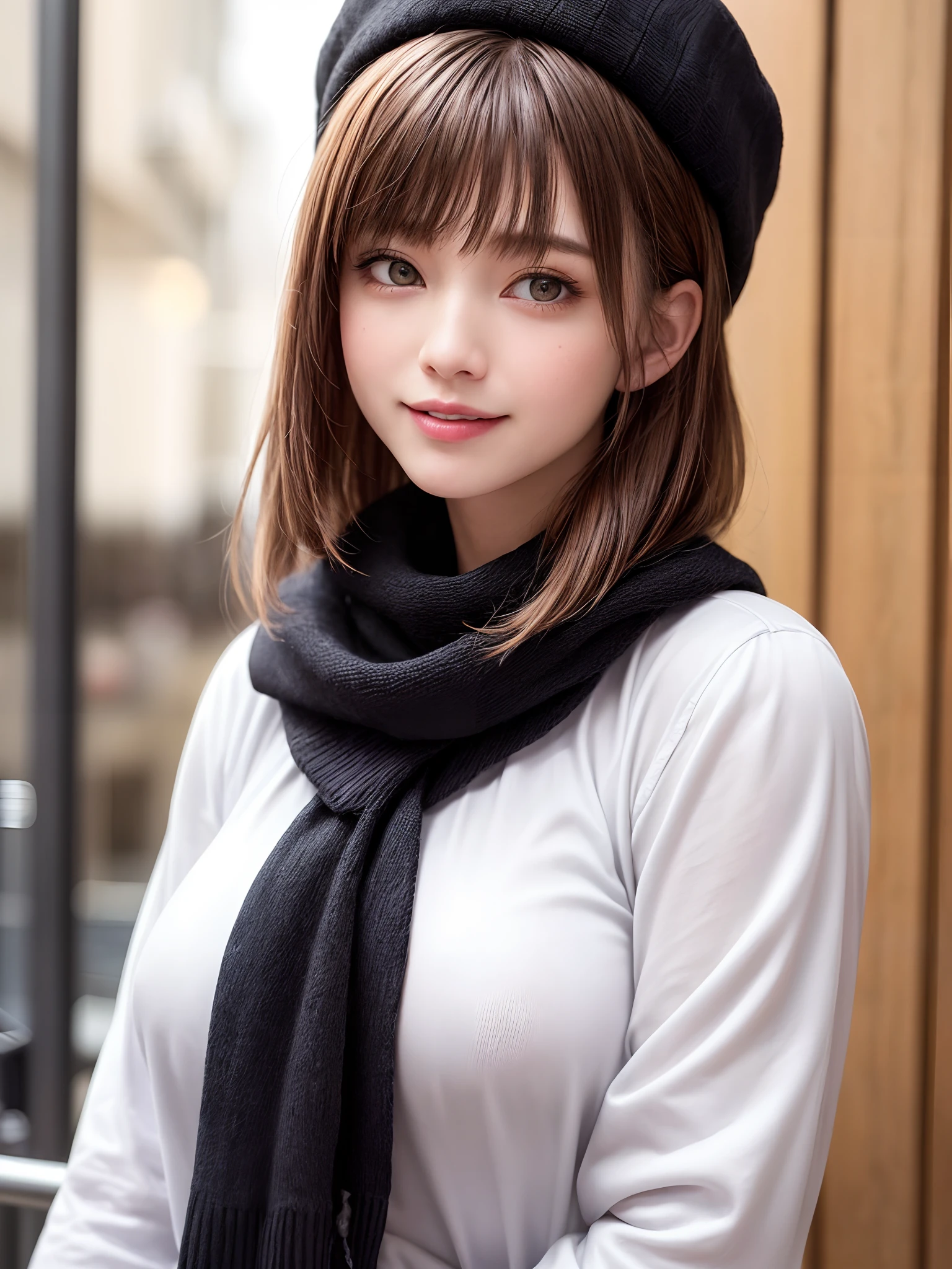 (masterpiece, top-quality、Very attractive adult beauty、Add intense highlights to the eyes、Look firmly at the camera),1girl in, 独奏, A dark-haired, scarf, Hats,, realisitic, looking at the viewers, black eyes of light color, shorth hair, coat, Winter clothes, White headscarf, s lips, lipgloss,bangss, The upper part of the body、big eye、Lashes)、((Road system in Italy))、((Shorthair with bangs、big eye、Put very strong highlights in your students、{gigantic|big|huge|mega} breasts、very Bigger breasts、gazing at viewer、Very beautiful beauty、Put your ears out、long neck、little smiling、Beautiful teeth、Open your mouth and smile))、28 year old、Very cute supermodel