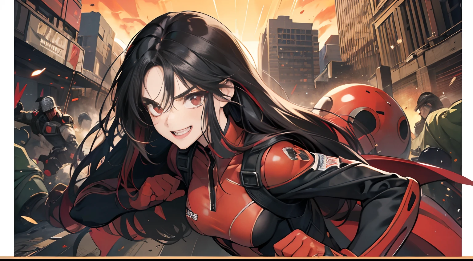 (Best Quality,4K,High resolution), girl with, Red mesh hair on black hair, Long straight hair, sharp eye, Smile refreshingly, Hero Suit,Comical appearance,noisy,rampage,comic strip,animesque,Comical illustration,Bustling background,Deformed cute illustration、Poster-like depiction、Battle Scenes