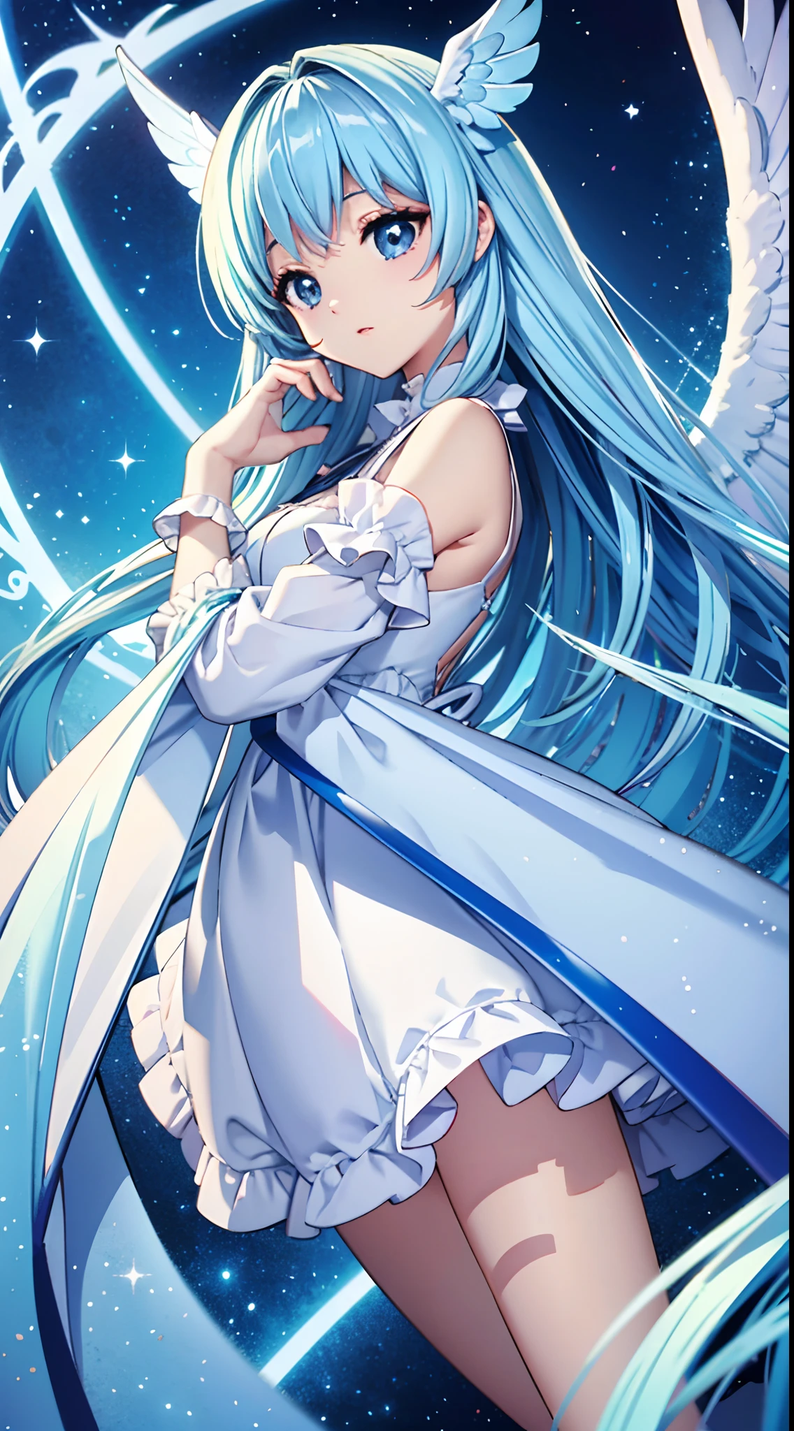 Rainbow angel wings、Kawaii Girl、Light blue long hair、Twin-tailed、Colorful angel costume、((top-quality))、((​masterpiece))、(ighly detailed、highestdetailed、Official art、Beautifully Aesthetic:1.2)