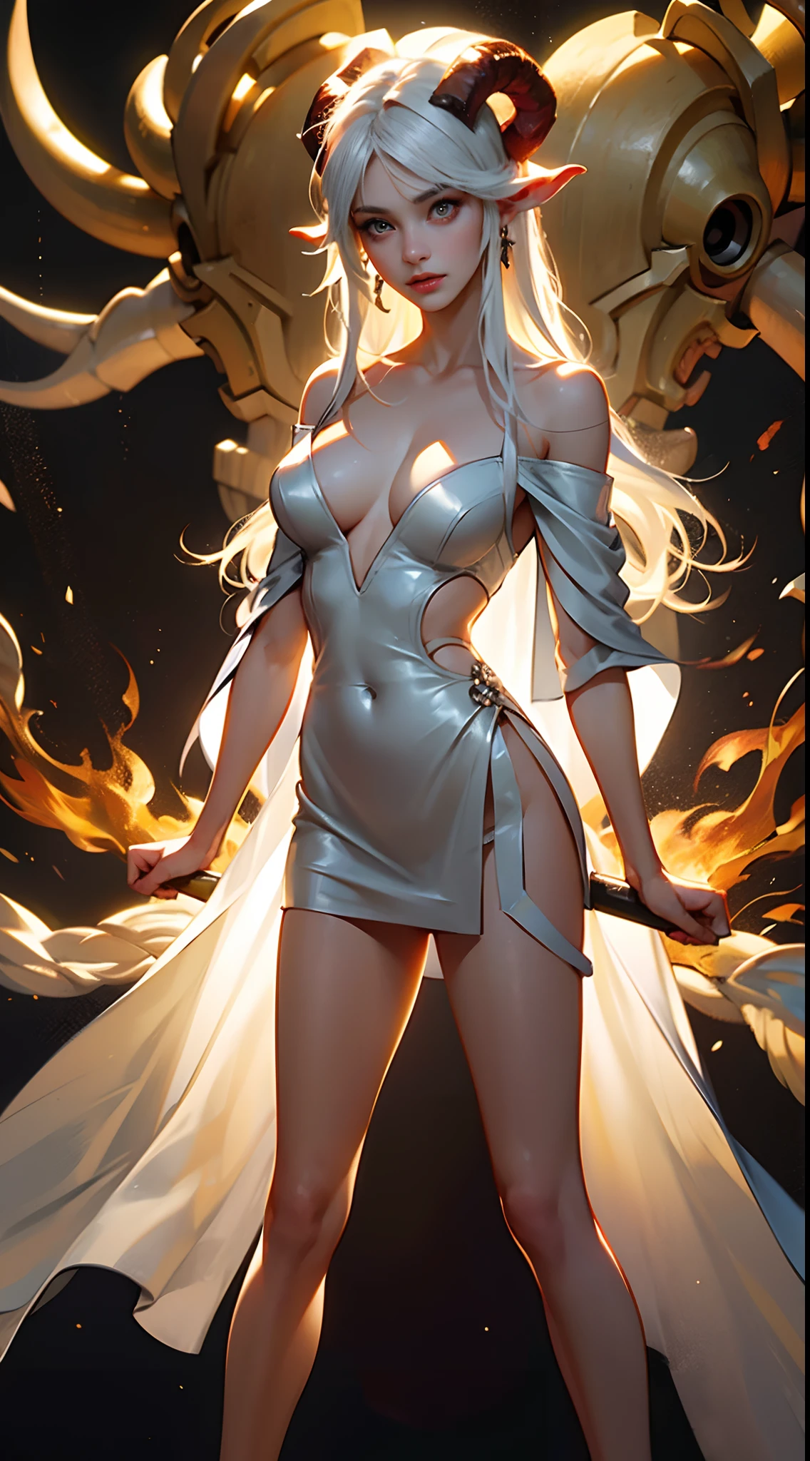 female devil with two horns, fire as background, White color hair, Off-the-shoulder attire, ???? dress, masterpiece, (high detail:1.1), Rough face, seductive, ???? pose, fashion model posing, ?????????????, Natural skin, high quality, ????, beautiful eyes, (Detailed face and eyes), (the face: 1 2), noises, Extra, real photograph, PSD, Lamp film photography, sharp focus, contrasty lighting, Delicate skin, High resolution 8K, insanely details, realistic-lying, professional photo shooting, 8K UHD, SLR camera, soft lighting, high high quality, film-grain, Fuji film XT3, showing a delicate slim figure and graceful curves, (beautiful long legs:1.3), (Delicate and detailed face and eyes, Delicate makeup:1.2),