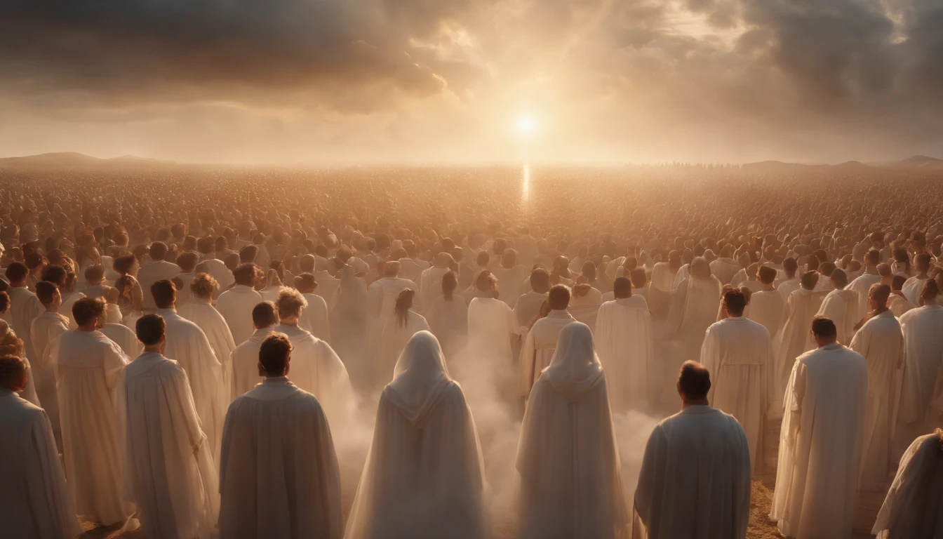 The Rapture ,Thousands of people are floating in the air,Standing on the clouds, Thousands of people are dressed in white, Raise your hands and sing hymns to praise God. The scenes are magnificent and surreal. (Best Quality, 4k, 8K, high resolucion, Masterpiece:1.2), Ultra-detailed, (realisitic, Photorealistic, Realistis:1.37), portrait of a, Vivid colors, studio lit, Sharp focus, physics based rendering, extreme detail description, Biblical Topics, grand ambience, radiant light.