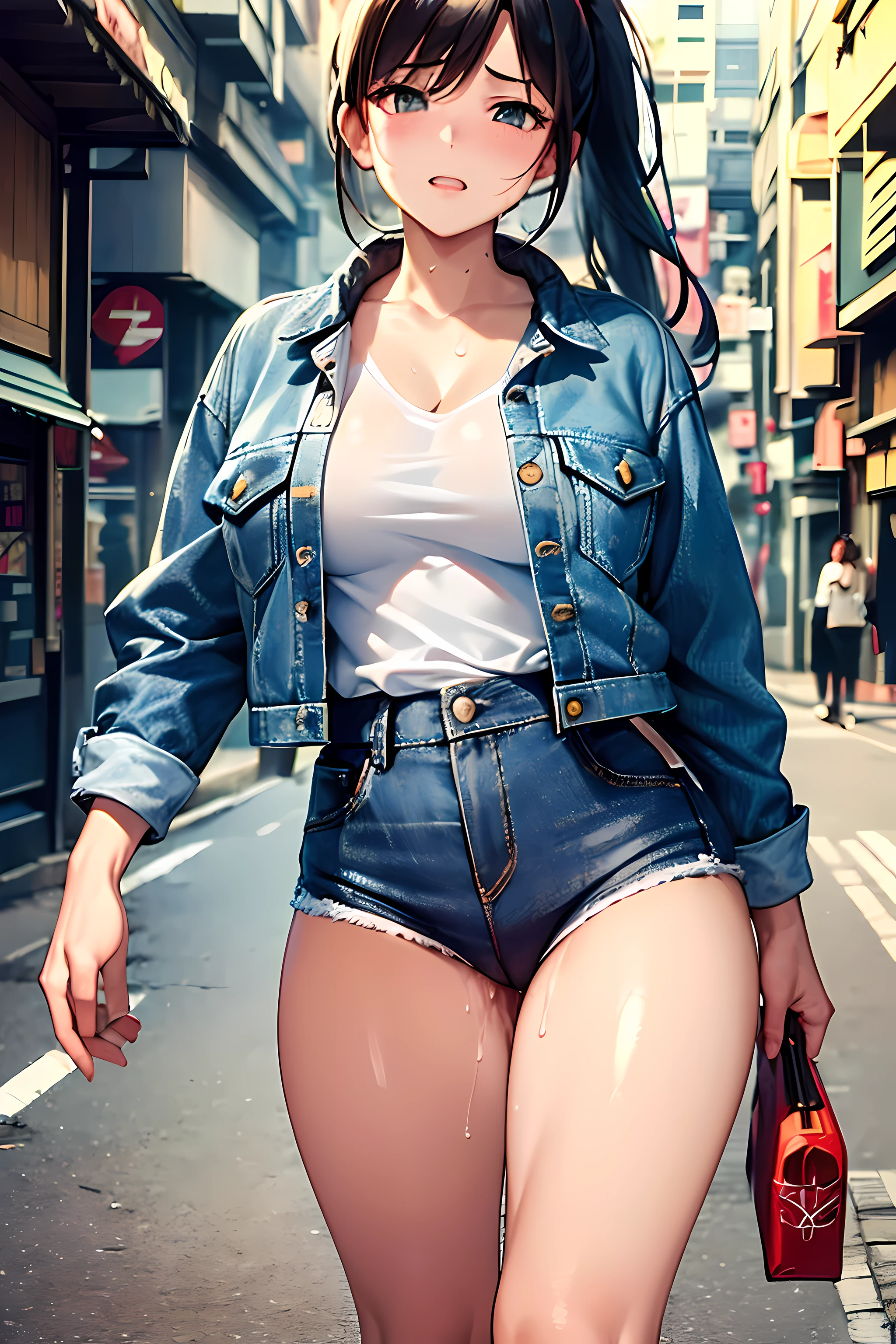 (Masterpiece, highest quality:1.3), High resolution, (game cg: 1.3), 35 years old, (Cute:1.3), slant eyes, Big Tits,Sporty figure, Ponytail, Denim Jackets, standing, in tokyo street, smaili, morning, natural light, sweat, girl trembling with sexual climax, (pussy juice:1.1)