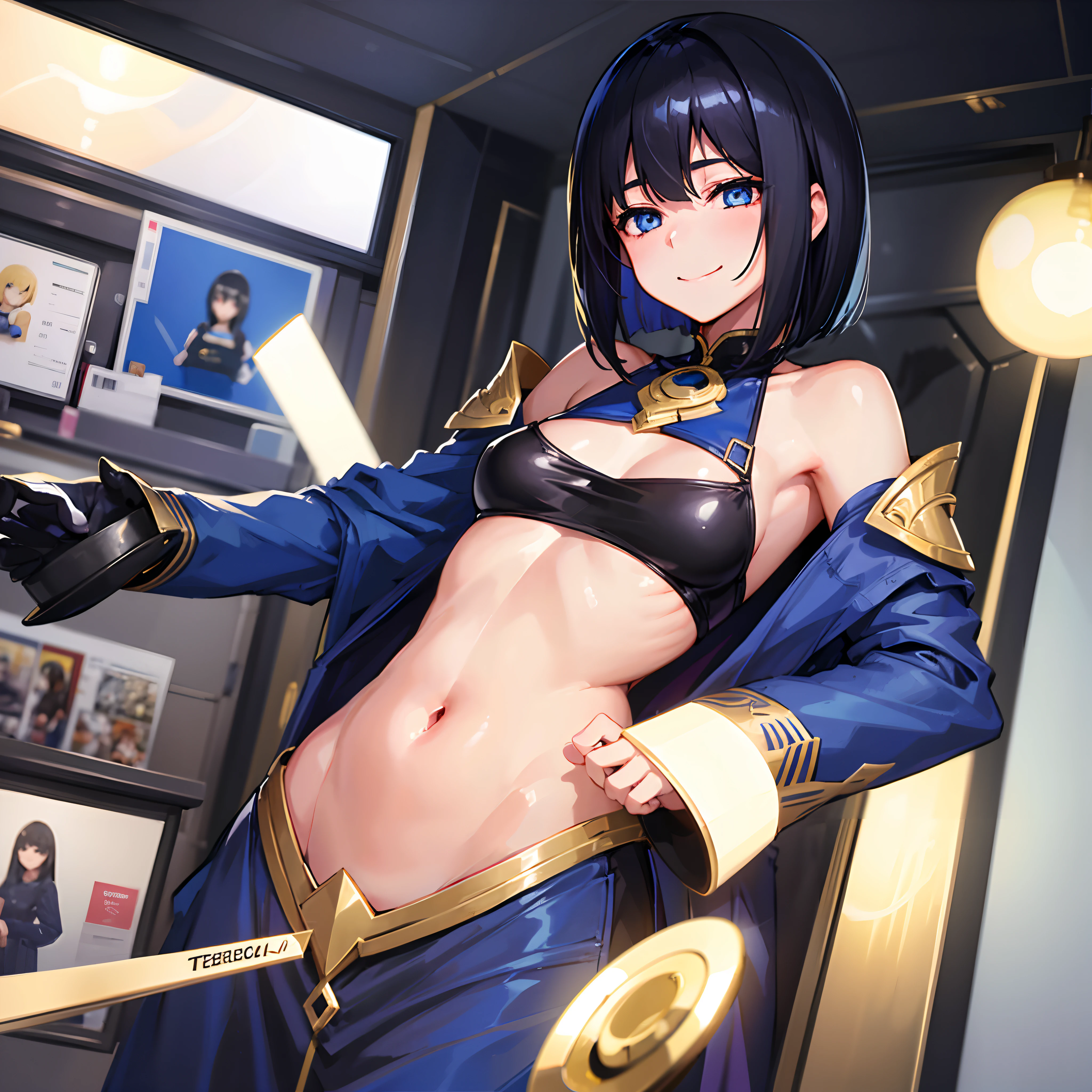 Girl having sex、Blue and gold eyes、(One Woman:1.2)、24 year old、shoulder-length black hair、Medium bob、Hotel、Medium chest、A smile、top-quality、(teats)、pubick hair