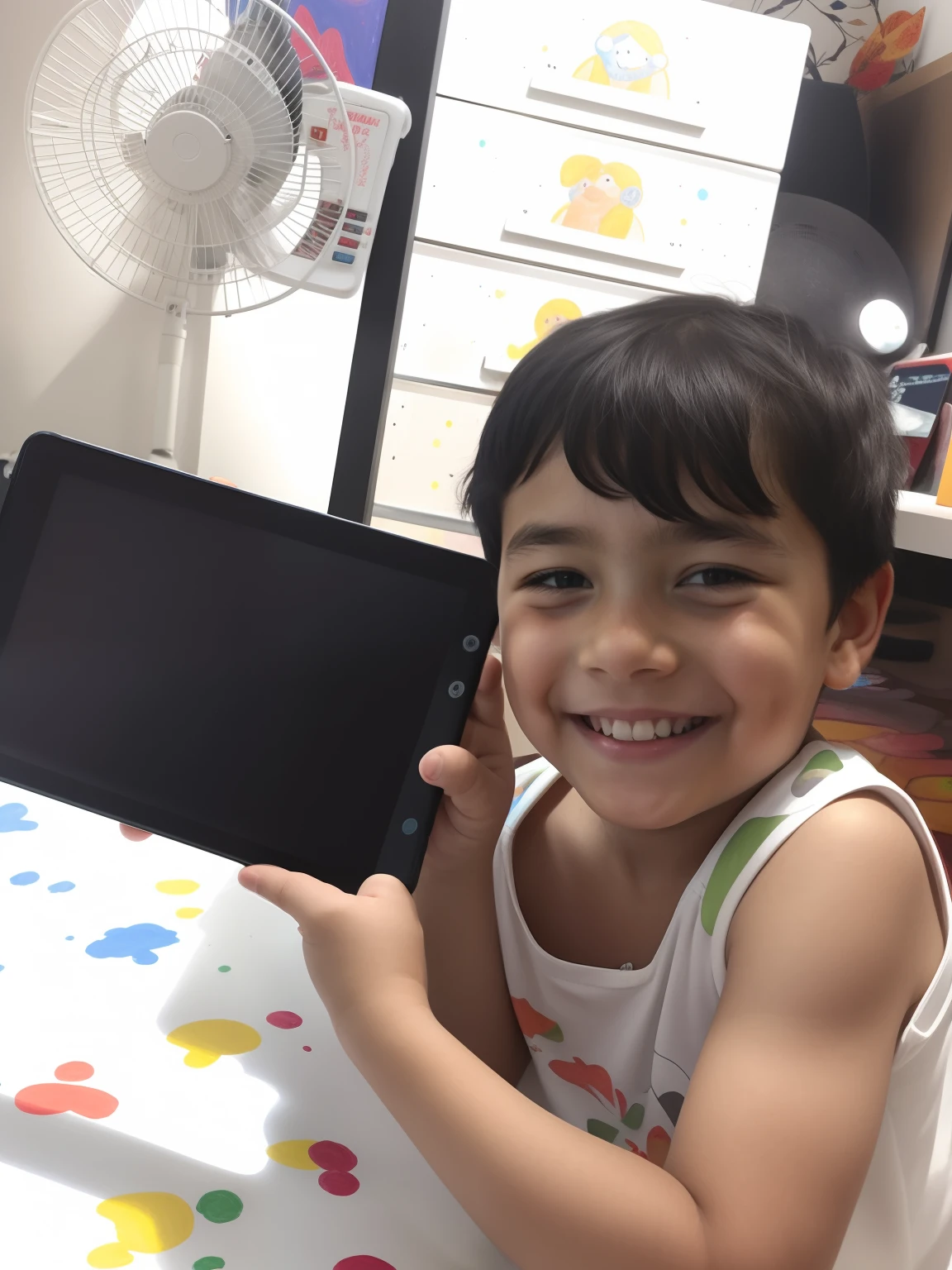 smiling boy holding a black tablet in front of a fan, kid drawing, kid, drawing sketches on his notebook, an artistic pose, using a magical tablet, with a happy expression, he is very happy, inspired by Abidin Dino, potrait, happy kid, artistic pose, very artistic, , kid's drawing, boy has short black hair