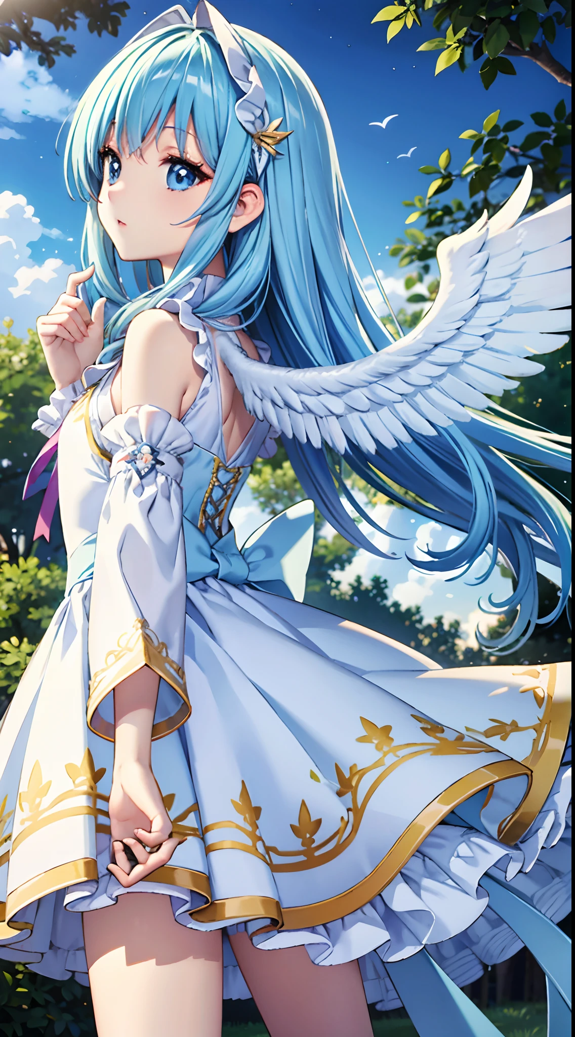 Rainbow angel wings、Kawaii Girl、Light blue long hair、Twin-tailed、Colorful angel costume、((top-quality))、((​masterpiece))、(ighly detailed、highestdetailed、Official art、Beautifully Aesthetic:1.2)