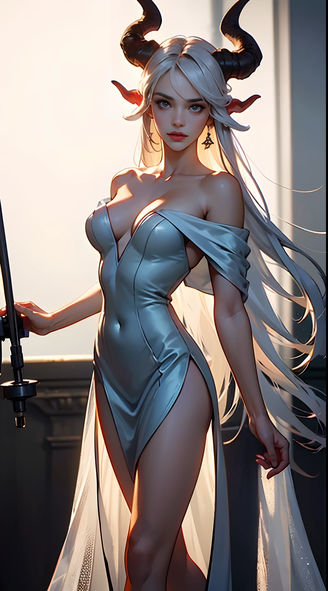 female devil with two horns, fire as background, White color hair, Off-the-shoulder attire, sexy dress, masterpiece, (high detail:1.1), Rough face, seductive, sexy pose, fashion model posing, Large breasts, Natural skin, high quality, NSFW, beautiful eyes, (Detailed face and eyes), (the face: 1 2), noises, Extra, real photograph, PSD, Lamp film photography, sharp focus, contrasty lighting, Delicate skin, High resolution 8K, insanely details, realistic-lying, professional photo shooting, 8K UHD, SLR camera, soft lighting, high high quality, film-grain, Fuji film XT3, showing a delicate slim figure and graceful curves, (beautiful long legs:1.3), (Delicate and detailed face and eyes, Delicate makeup:1.2),