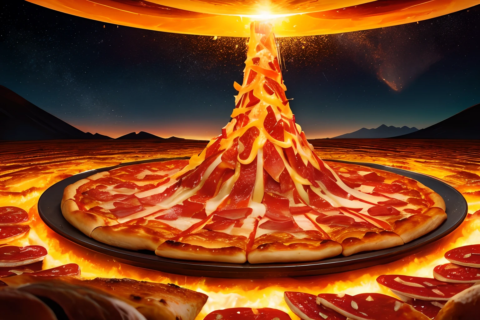 (ultra high detailed, 8K, masterpiece, top quality:1.1), pizza volcano erupting, shining pizza, cheese lava, (scattering:cheese, bacon, vegetables) , universe background, landscape, panorama, abstract art