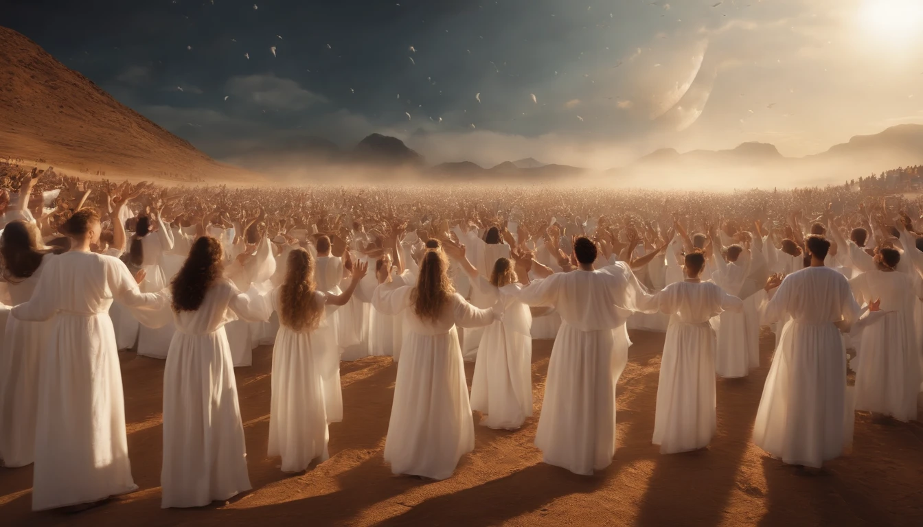 The Rapture ,Thousands of people are floating in the air,Standing on the clouds, Thousands of people are dressed in white, Raise your hands and sing hymns to praise God. The scenes are magnificent and surreal. (Best Quality, 4k, 8K, high resolucion, Masterpiece:1.2), Ultra-detailed, (realisitic, Photorealistic, Realistis:1.37), portrait of a, Vivid colors, studio lit, Sharp focus, physics based rendering, extreme detail description, Biblical Topics, grand ambience, radiant light.