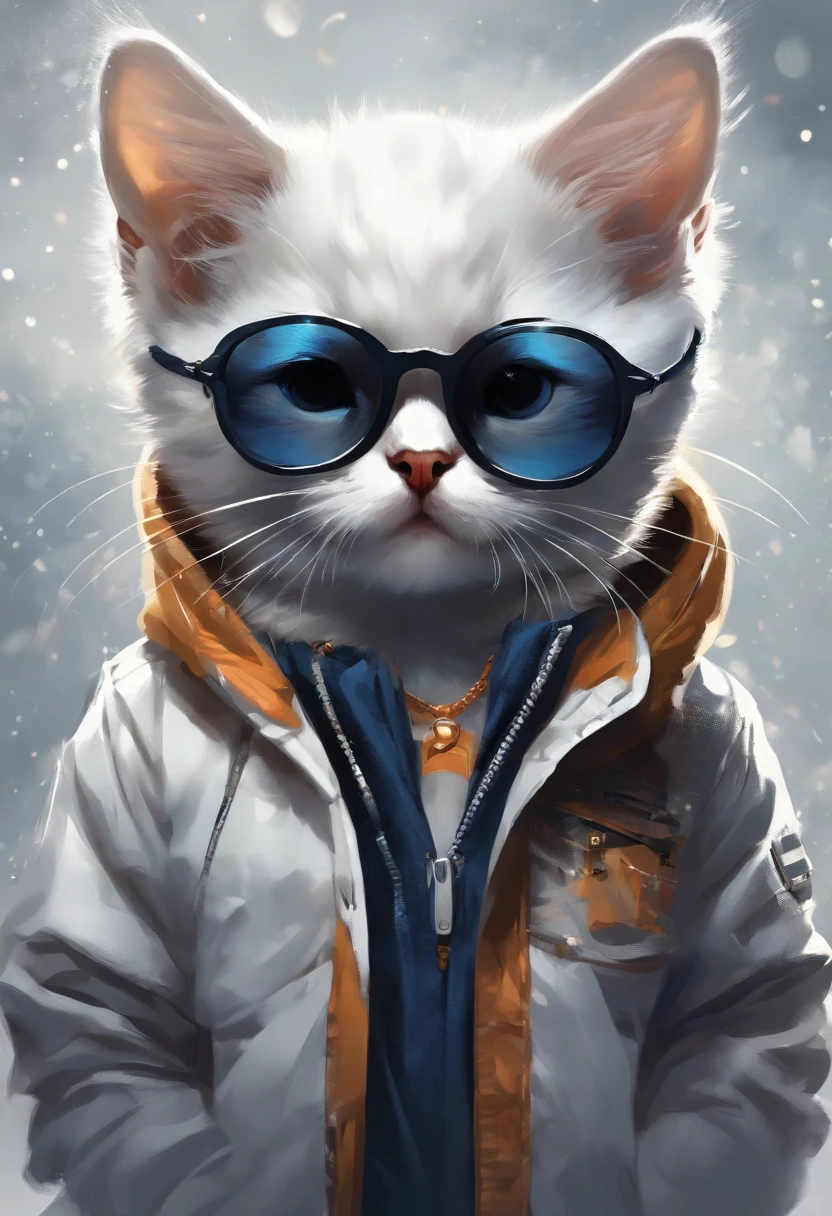Perfect centering, A cute kitten all over, Wear a student jacket, Wearing sunglasses, Wearing headphones, Standing position, Abstract beauty, Centered, Looking at the camera, Facing the camera, nearing perfection, Dynamic, Moonlight, Highly detailed, Digital painting, art stations, concept-art, smooth, Sharp focus, 8K, high definition resolution, illustration, Art by Carne Griffiths and Wadim Kashin, White background