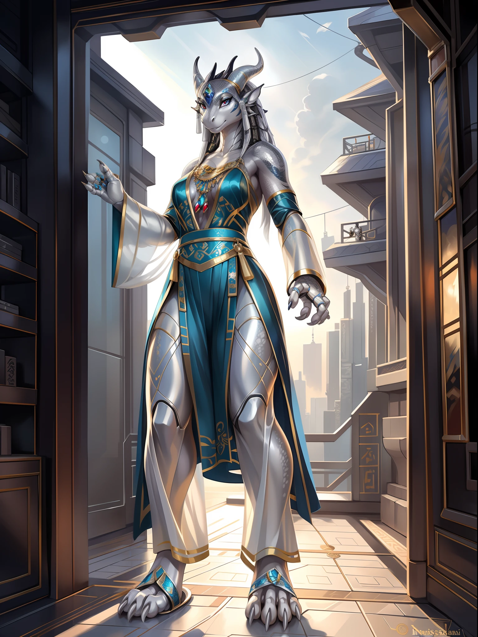 （Female robotic dragon), standing, Solo,, Detailed scale texture, Bedroom, (Cyberpunk), (tribe outfit, ), (shoulders down,Leg underwear),Plastic sandals,Silver-white body,White belly, dawn, shaded, Dim environment, (drakgem), ((rakisha)), (kontanagamori)), (Upward view), It looks painful, [Simple background], Detailed pupils, Masterpiece artwork, Caustics, rim lit, Singlelightsource, Sharp shadows, solo portrait，finger claws, (digitgrade, toe claws), (Hanfu), by Inessa Garmash, greg rutkovsky, pino daeni, ruanjia