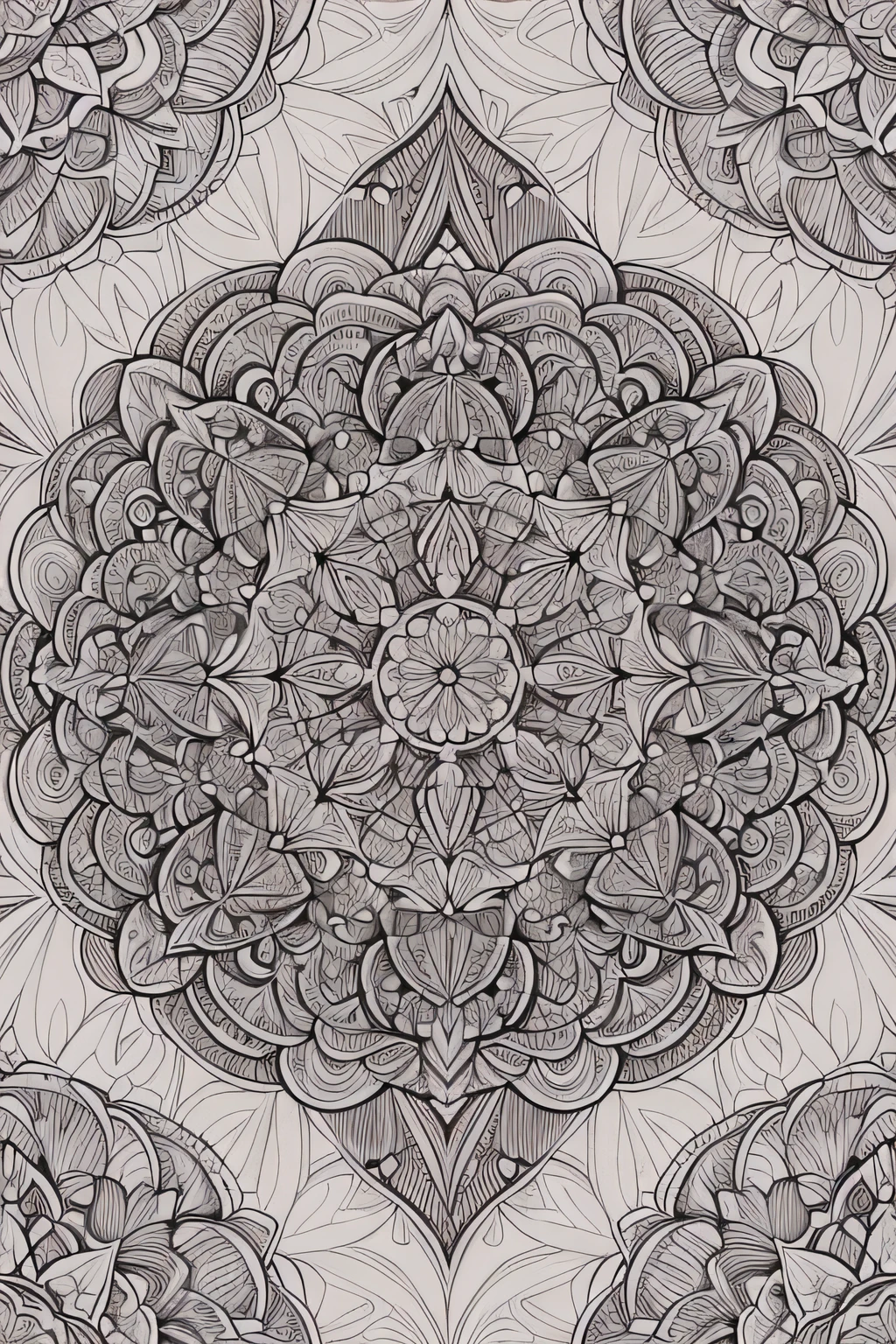 Highly detailed lineart for advanced coloring books, Featuring the main theme of "Adult Coloring Book," The sub-themes are "mandalas," And "with floral pattern" As an extra. The artwork is、You need to focus on intricate and delicate black lines, leave enough open space for coloring. aspect ratio: 1:1.6. Output in a format suitable for Kindle publishing.