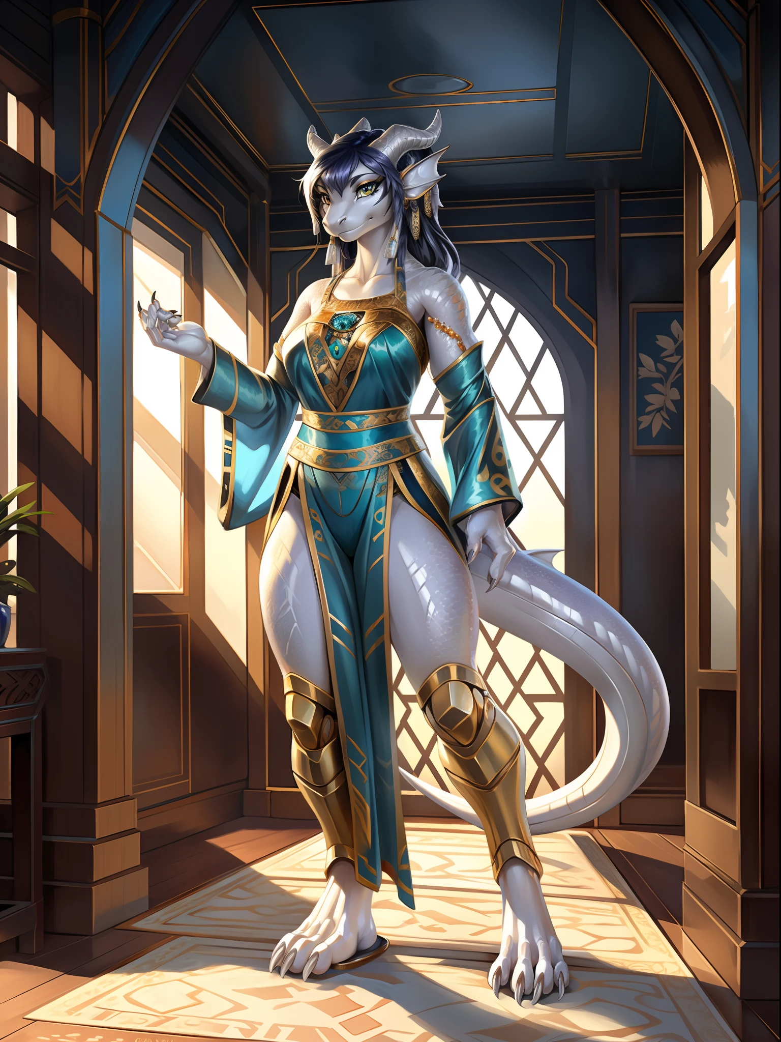 （Female robotic dragon), standing, Solo,, Detailed scale texture, Bedroom, (Cyberpunk), (tribe outfit, ), (shoulders down,Leg underwear),Plastic sandals,Silver-white body,White belly, dawn, shaded, Dim environment, (drakgem), ((rakisha)), (kontanagamori)), (Upward view), It looks painful, [Simple background], Detailed pupils, Masterpiece artwork, Caustics, rim lit, Singlelightsource, Sharp shadows, solo portrait，finger claws, (digitgrade, toe claws), (Hanfu), by Inessa Garmash, greg rutkovsky, pino daeni, ruanjia