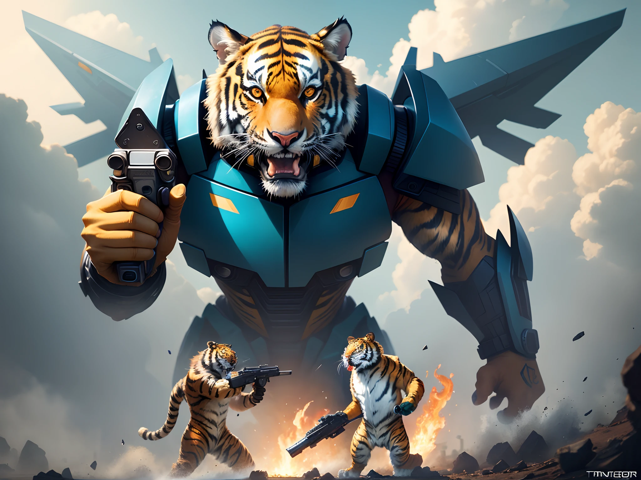 a close up of a tiger with a gun in its mouth, tiger_beast, anthropomorphic tiger, tigers, ((tiger)), transformers fall of cybertron, by Ivan Ranger, cg artist, profile picture 1024px, trending in cgsociety, transformers cinematic universe, in the movie transformers, a tiger, tiger of fire flying, amazing wallpaper