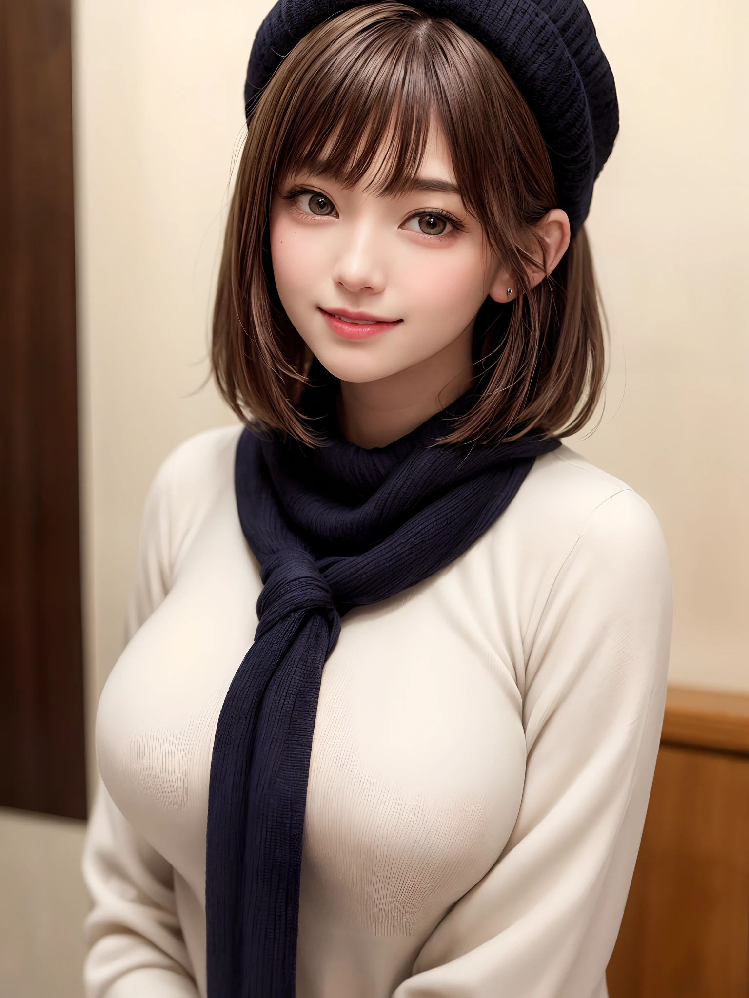 (masterpiece, top-quality、Very attractive adult beauty、Add intense highlights to the eyes、Look firmly at the camera),1girl in, 独奏, A dark-haired, scarf, Hats,, realisitic, looking at the viewers, black eyes of light color, shorth hair, coat, Winter clothes, White headscarf, s lips, lipgloss,bangss, The upper part of the body、big eye、Lashes)、((Road system in Italy))、((Shorthair with bangs、big eye、Put very strong highlights in your students、{Gigantic|Big|Huge|Mega} breasts、very Bigger breasts、gazing at viewer、Very beautiful beauty、Put your ears out、long neck、little smiling、Beautiful teeth、Open your mouth and smile))、28 year old、Very cute supermodel