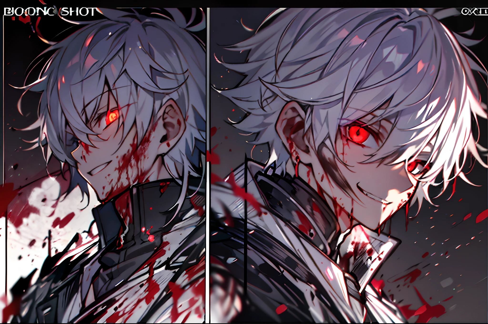 One Boy、hight resolution,close range、Anime boy with white hair and red eyes, Glowing red eyes,slim, dressed in a black outfit,Shadow Body,de pele branca,monochromes,hair messy,Aggressive smile、Bloody、Bleeding、bloody in large quantities、