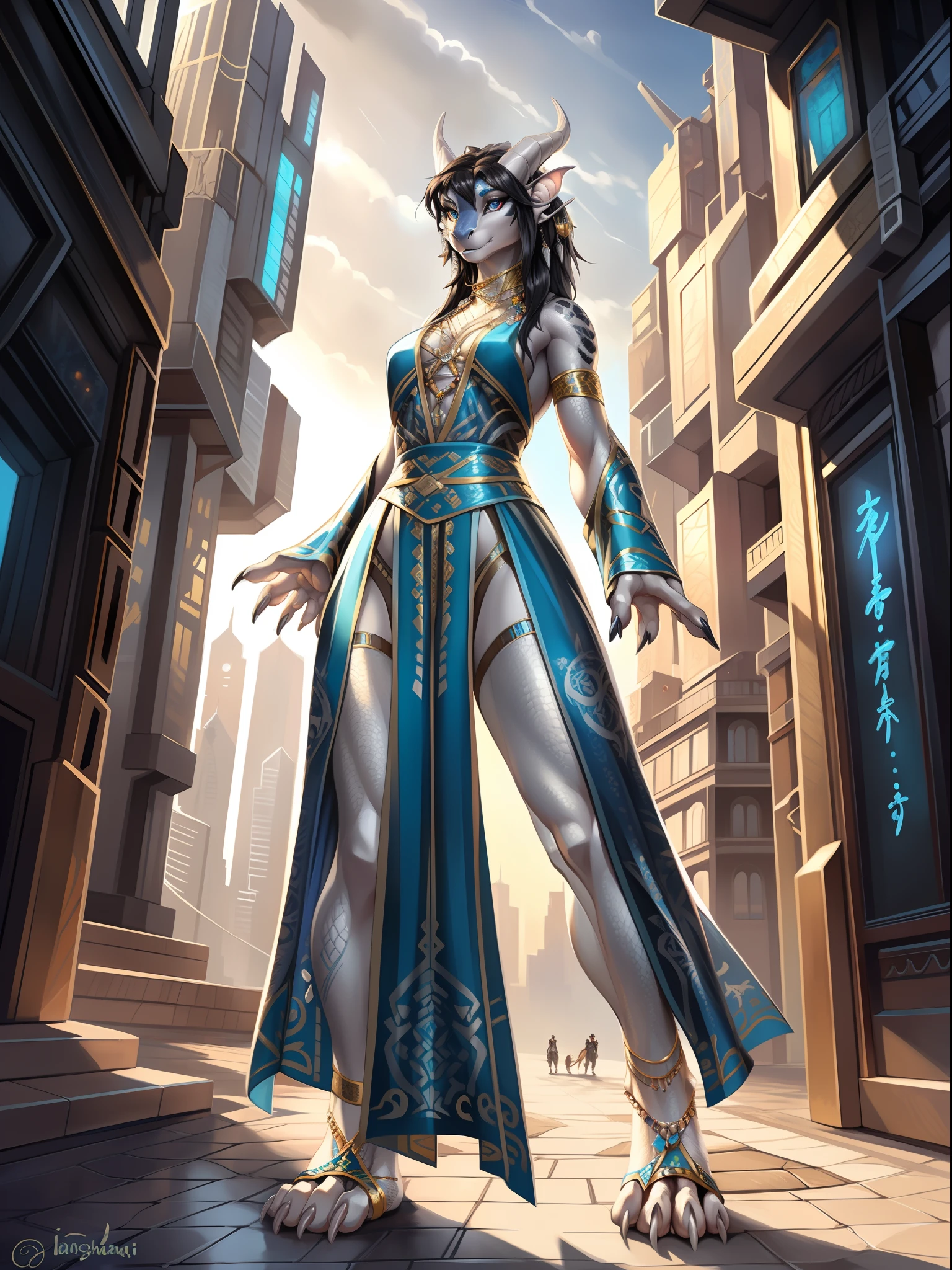 （Female  dragon), standing, Solo,, Detailed scale texture, Bedroom, (Cyberpunk), (tribe outfit, ), (shoulders down,Leg underwear),Plastic sandals,Silver-white body,White belly, dawn, shaded, Dim environment, (drakgem), ((rakisha)), (kontanagamori)), (Upward view), It looks painful, [Simple background], Detailed pupils, Masterpiece artwork, Caustics, rim lit, Singlelightsource, Sharp shadows, solo portrait，finger claws, (digitgrade, toe claws), (Hanfu), by Inessa Garmash, greg rutkovsky, pino daeni, ruanjia