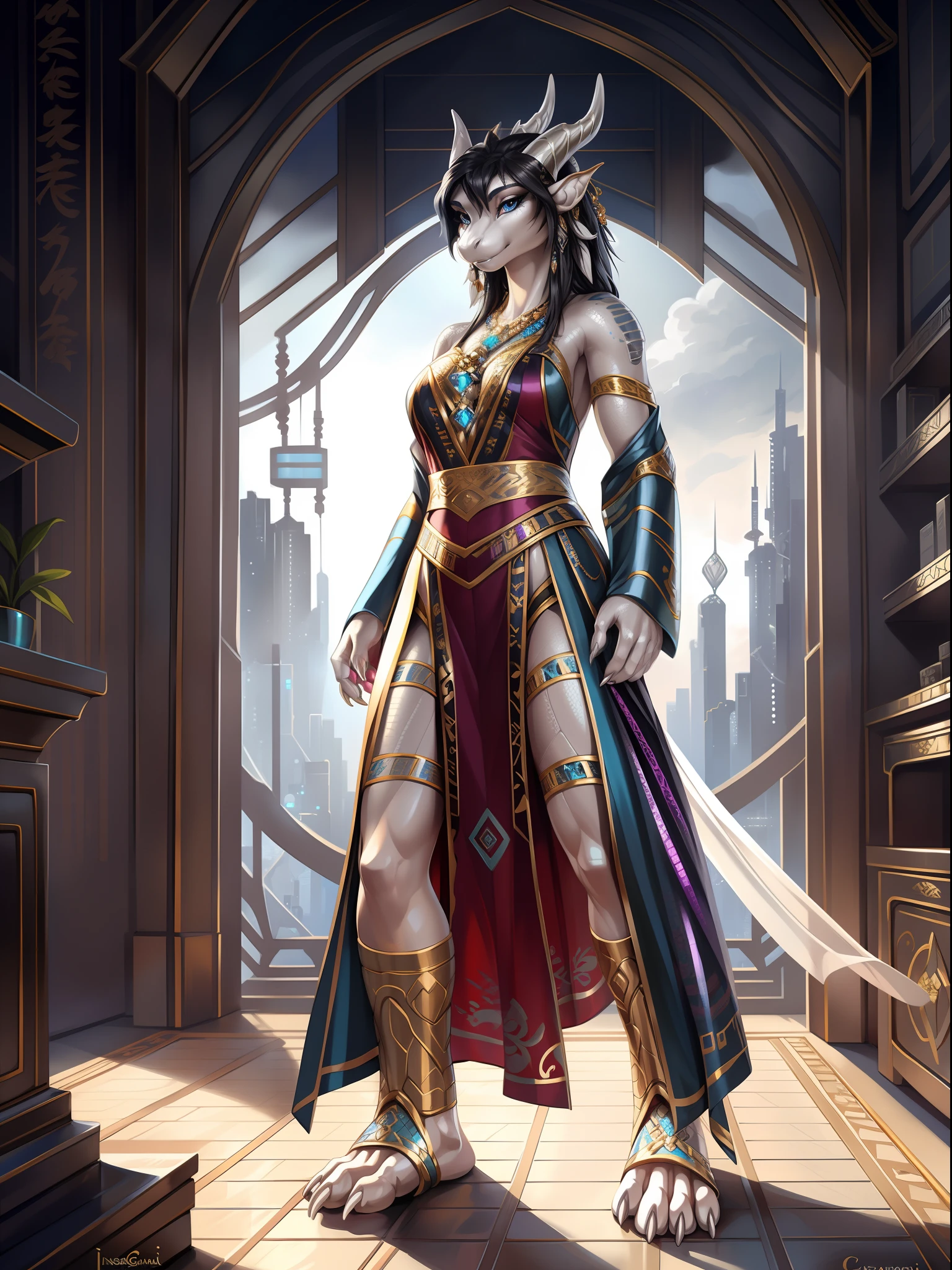 （Female  dragon), standing, Solo,, Detailed scale texture, Bedroom, (Cyberpunk), (tribe outfit, ), (shoulders down,Leg underwear),Plastic sandals,Silver-white body,White belly, dawn, shaded, Dim environment, (drakgem), ((rakisha)), (kontanagamori)), (Upward view), It looks painful, [Simple background], Detailed pupils, Masterpiece artwork, Caustics, rim lit, Singlelightsource, Sharp shadows, solo portrait，finger claws, (digitgrade, toe claws), (Hanfu), by Inessa Garmash, greg rutkovsky, pino daeni, ruanjia