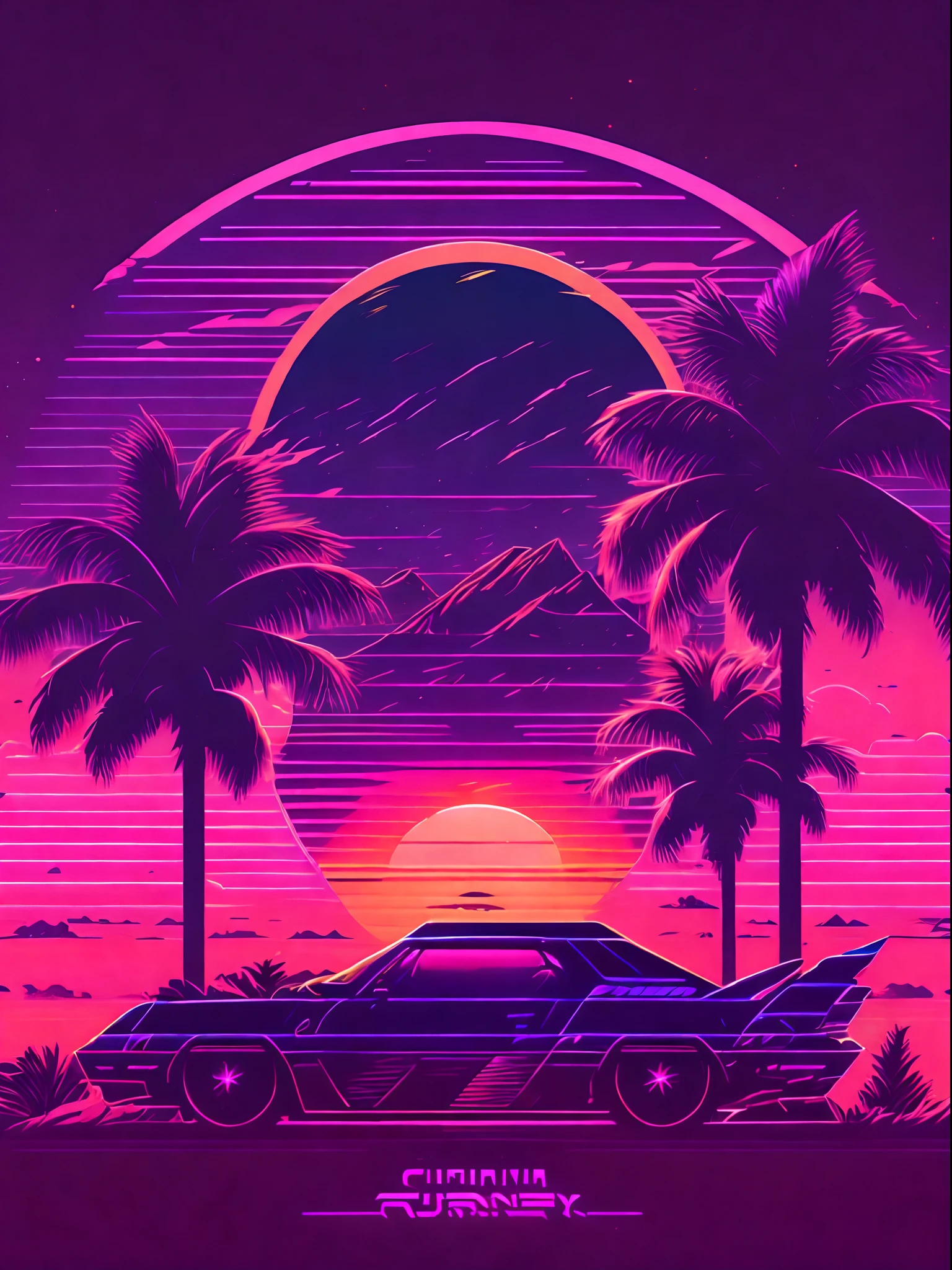 ((Best quality),(Masterpiece),(Amazing detail),illustration,high resolution,tshirt design, rzminjourney, vector-art,synthwave style,sunset,palm,outrun style,dreamy,future style,Digital art