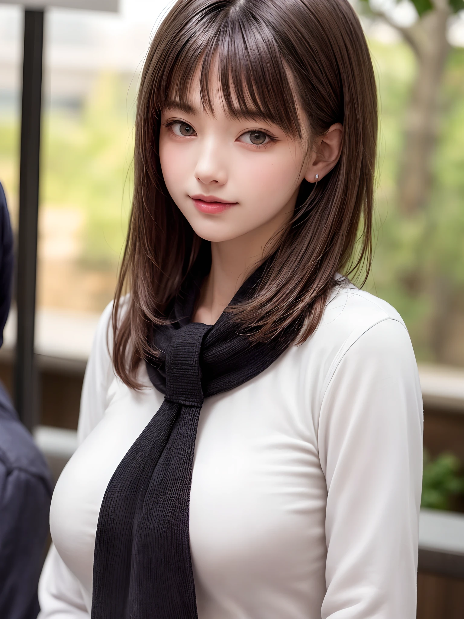 (masterpiece, top-quality、Very attractive adult beauty、Add intense highlights to the eyes、Look firmly at the camera),1girl in, 独奏, A dark-haired, scarf, Hats,, realisitic, looking at the viewers, black eyes of light color, shorth hair, coat, Winter clothes, White headscarf, s lips, lipgloss,bangss, The upper part of the body、big eye、Lashes)、((Road system in Italy))、((Shorthair with bangs、big eye、Put very strong highlights in your students、{Gigantic|Big|Huge|Mega} breasts、very Bigger breasts、gazing at viewer、Very beautiful beauty、Put your ears out、long neck、little smiling、Beautiful teeth、Open your mouth and smile))、28 year old、Very cute supermodel
