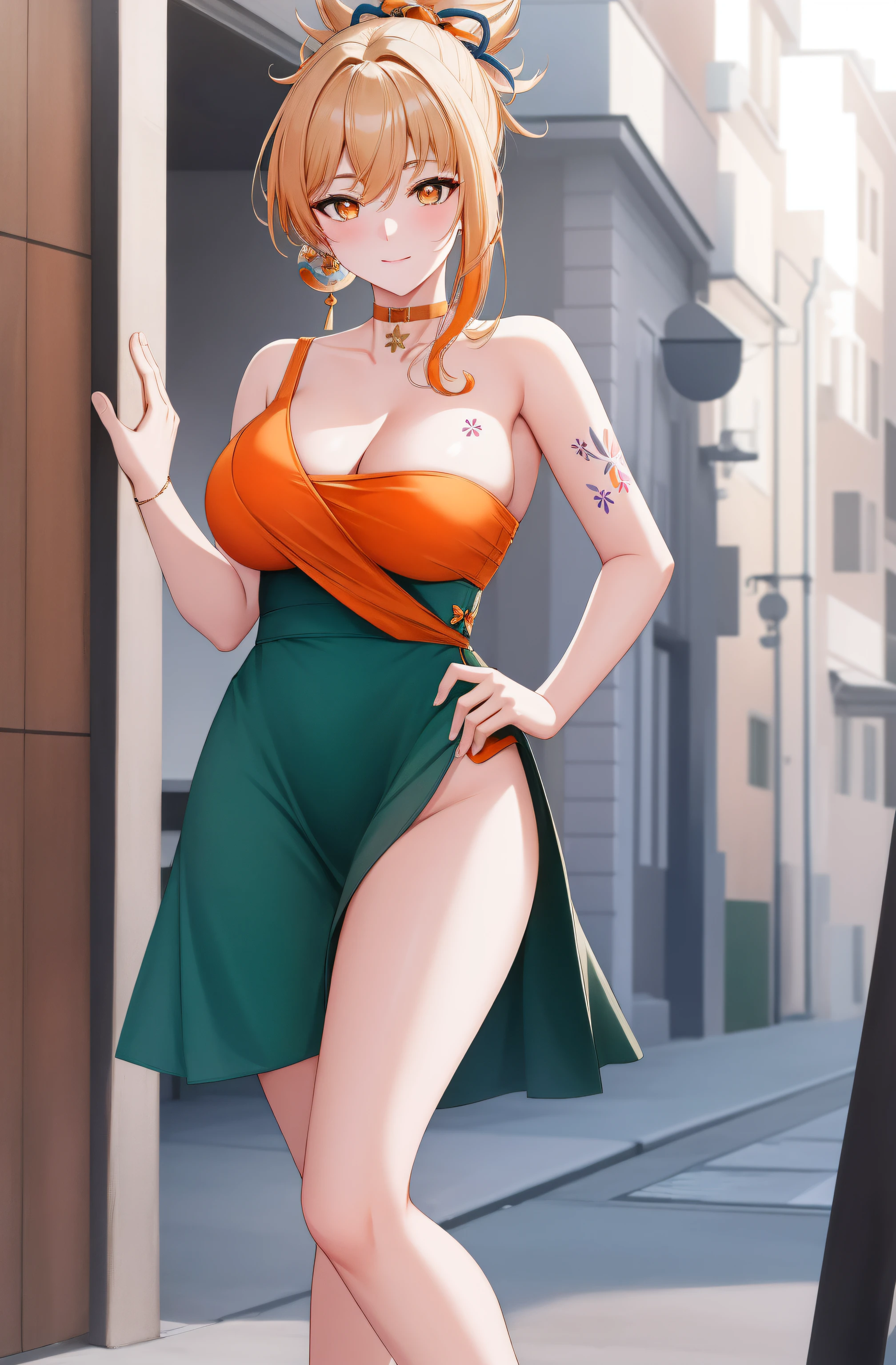 (day:1.7), standing in front of a building in the background,
green dress with a yellow bow tie and earrings,
yoimiya, arm tattoo, choker, hair ornament, light brown hair, long hair, (orange eyes:1.5), red choker, sidelocks,
1 girl, 20yo,young female,Beautiful Finger,Beautiful legs,Beautiful body,Beautiful Nose,Beautiful character design, perfect eyes, perfect face,
looking at viewer, (innocent_big_eyes:1.0),(expressionless:1.3),seductive pose.teasing smile,
NSFW,official art,extremely detailed CG unity 8k wallpaper, perfect lighting,Colorful, Bright_Front_face_Lighting,
(masterpiece:1.0),(best_quality:1.0), ultra high res,4K,ultra-detailed,
photography, 8K, HDR, highres, absurdres:1.2, Kodak portra 400, film grain, blurry background, bokeh:1.2, lens flare, (vibrant_color:1.2)
(Beautiful,medium_Breasts:1.4), (beautiful_face:1.5),(narrow_waist),(perfect anatomy,perfect fingers),