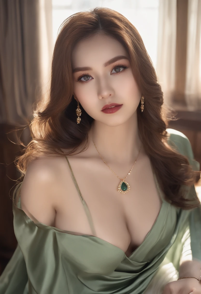 Japanese woman wearing a necklace, Large breasts, Sit on the kitchen counter, modern kitchen, White countertop, sexy girl with green eyes, portrait sophie mudd, Yellow hair and big eyes, selfie of a young woman, bedroom eyes, Violet Myers, nomake-up, Natural makeup, look straight at the camera, face with artgram, Subtle makeup, Stunning full-body shots, Piercing green eyes, Beautiful angle, Attractive pose, Cute girl, Sexy pose, Full body picture, full bodyesbian, full body shot of, black haired goddess, High detail, satisfied pose, Wear only a blue cape, average breasts, (Beautiful detailed face, Beautiful detailed eyes), (Naked), Glow, Sweat, (rays of sunshine, dark light）