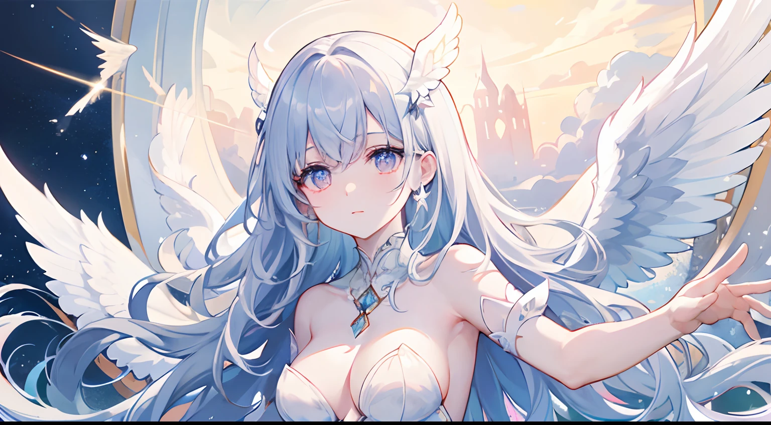 An angel is depicted with a pale and luminous complexion, their skin seemingly glowing with an otherworldly radiance. They are adorned with a pair of sparkling and graceful wings, symbolizing their divine nature. The scene is ethereal and enchanting, capturing the beauty and mystery of these celestial beings. angel, pale, luminous, complexion, glowing, otherworldly, radiance, sparkling, graceful, wings, divine, ethereal, enchanting, beauty, mystery.upper body,