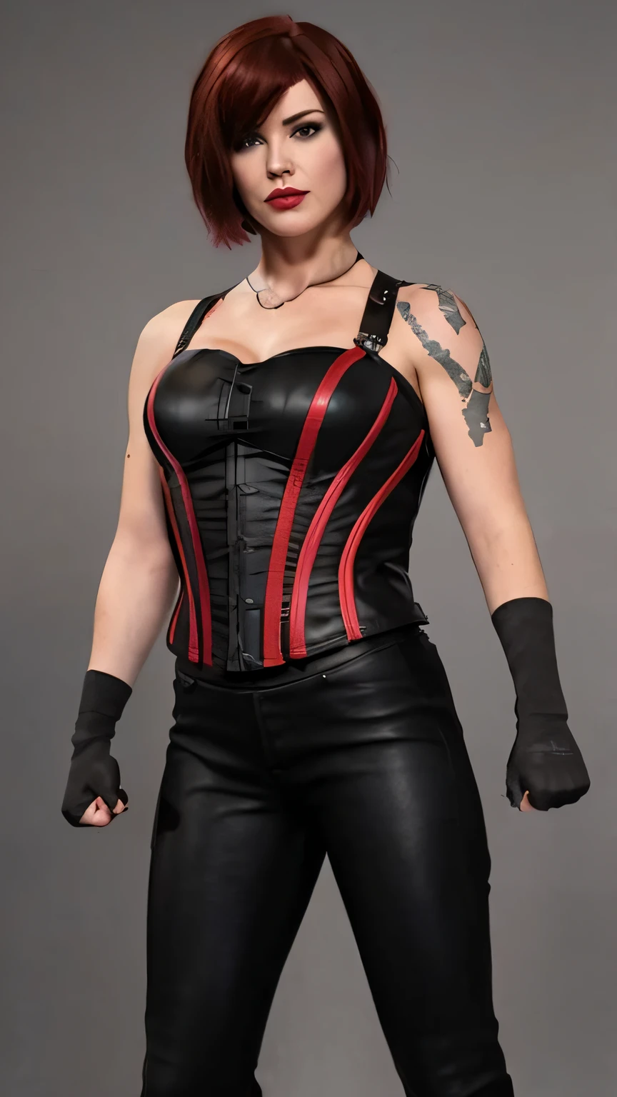 Short-haired redhead American woman in leather outfit poses for a photo, dans un corset en cuir, Corset en cuir rouge, full body x-force outfit, maquillage discret, lipstick ,En tant que personnage dans Tekken, Costume rouge et noir!!!, hyper detailed, detailed body,Portrait de Tifa Lockhart, female outfit, Tifa Lockhart, mechanic punk outfit, Tifa Lockheart, Glamour Tifa Lockheart, inspired by Emily Shanks