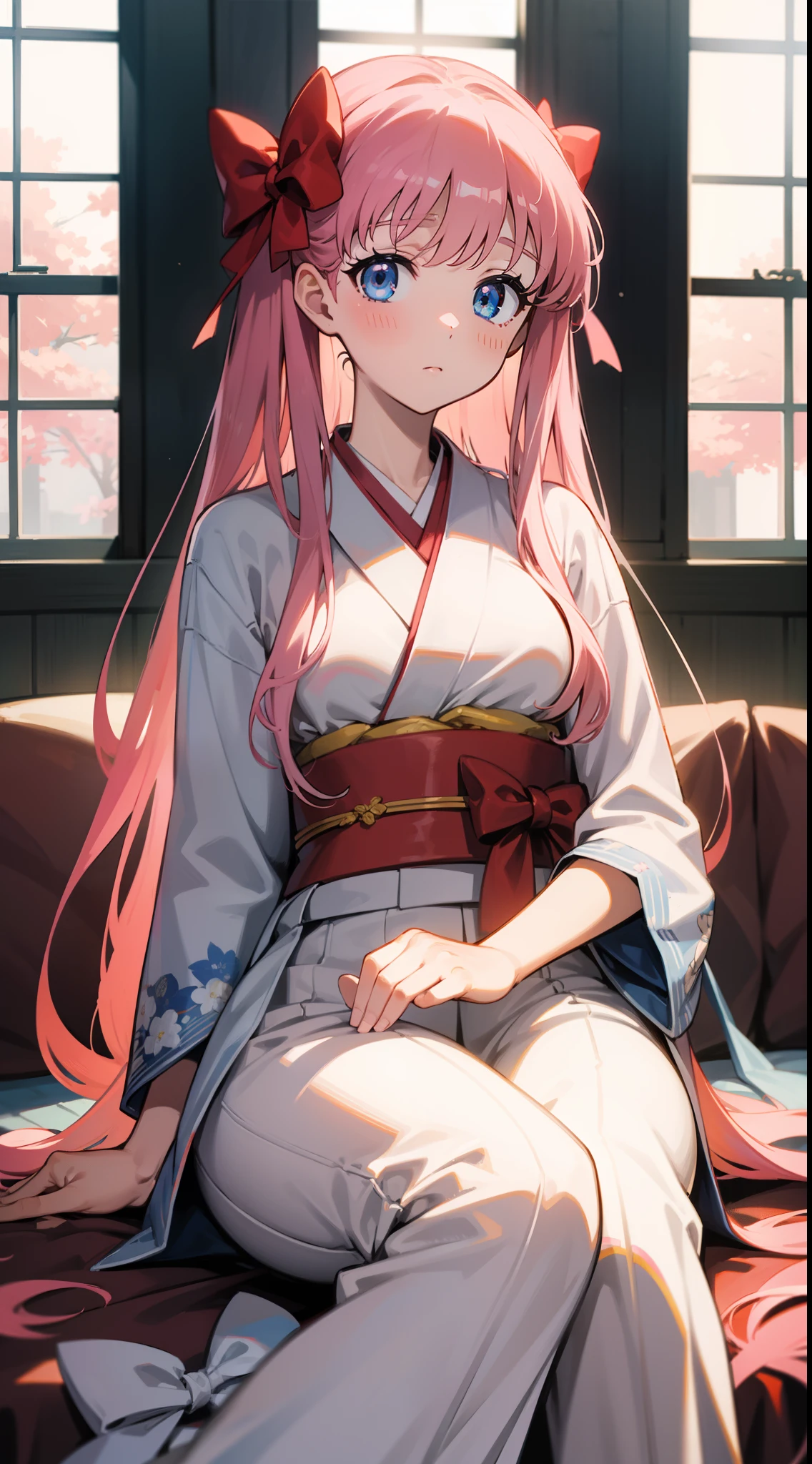 nodokaharamura, Nodoka Haramura, Blue eyes, Hair Bow, Long hair, Pink hair, Bow,kimono, BREAK looking at viewer, Break indoors,White Room, BREAK (masutepiece:1.2), Best Quality, High resolution, Unity 8k壁纸, (Illustration:0.8), (Beautiful detailed eyes:1.6), extra detailed face, Perfect Lighting, extremely details CG, (Perfect hands, Perfect Anatomy),