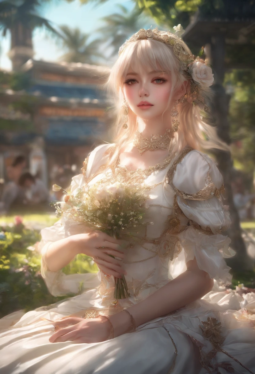 bride ((Women)) And fiancée. ((man)) Realistic sitting on grass with sunset in background, Kneel on one side in the grass., The sun is soaked., Roberto Ferri and Ruan Jia, Very magical and dreamy., engage, During the Golden Hour, Surreal images, Golden hour sunset light, Golden Hour Sunlight, Golden Hour Photography, Light golden moonlight, Glitter in the sun, Vanguard Girl, KDA, of the Arknights, Art is not Guweiz style., Mysterious Cafeteria Girl, Small details. Vanguard Girl, by Shitao, Vanguard style girl, highly detailed exquisite fanart, In a bright café, kawacy, high quality fanart,Main parts, beste-Qualit, (Very detailed CG 8k wallpaper unit), (beste-Qualit), (best illustration), (Best shade), Absurd, Realistic lighting, Surreal images, Hold the tarrot.