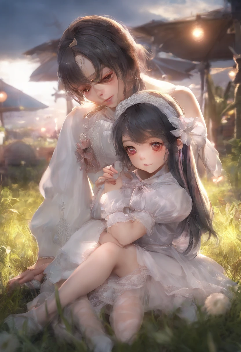 A beautiful witch with amber brown eyes, small slanted eyes, a small mouth, pale skin, a pixiecut shaved black hair, an eyebrow piercing, an ear piercing, sleeping in a nighttime forest, with an owl nearby, mushrooms scattered on the ground, a black cat, a starry sky with a waning moon, dark composition, dark illuminated, witch aesthetic, ethereal illuminated, intricate details, high quality, masterpiece, dark comic style, 8k resolution, ultra-detailed