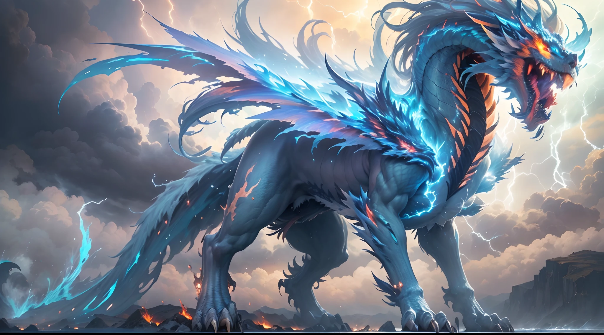 (The main subject: Wide-angle lens), The flame is light blue,[（multicolor，chinesedragon+horn+flowing mane+sharp claws and fangs)+(Dynamic and powerful wings）], Lightning,dramatic clouds,(Deep depth of field), rich details​, (Wide sky), (sense of vastness),Energy and vitality, Intricate details.(Best quality, A high resolution, Masterpiece:1.2), (Realistic:1.37), hdr。