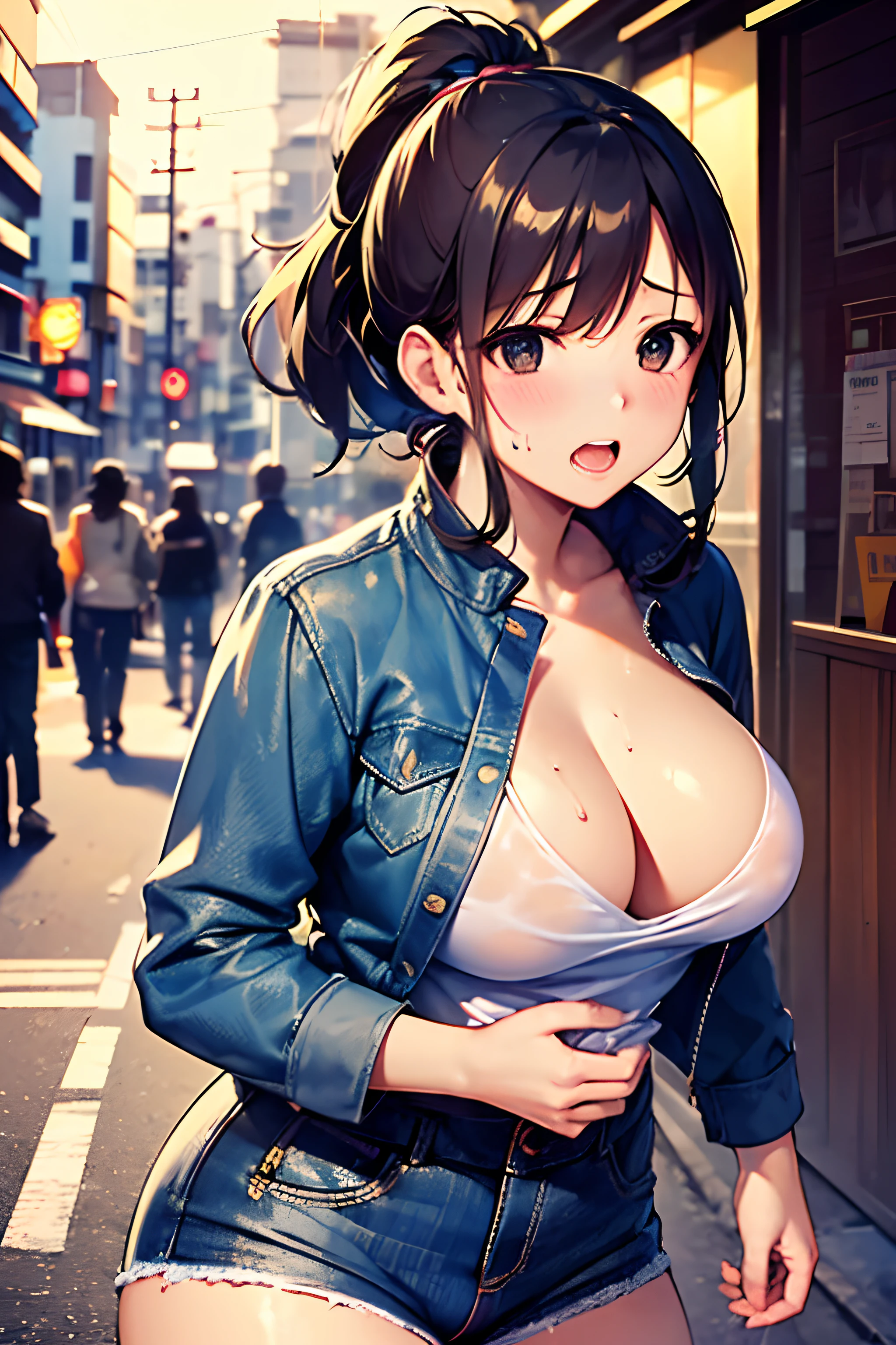 (Masterpiece, highest quality:1.3), High resolution, (illustration: 1.3), 35 years old, (Cute:1.3), slant eyes, Big Tits,Sporty figure, Ponytail, Denim Jackets, standing, in tokyo street, orgasm, morning, natural light, sweat, (girl trembling with sexual climax:1.2), (pussy juice:1.1)