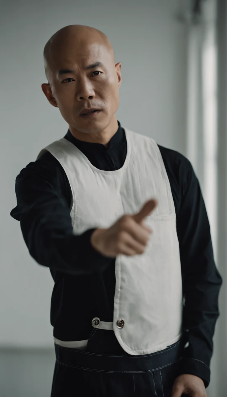 In the picture, an Asian bald man is making gang gestures in an empty white room. He is wearing a black long-sleeved shirt and white overalls, and his expression looks very intoxicated easy-going.realistic,cinematic,