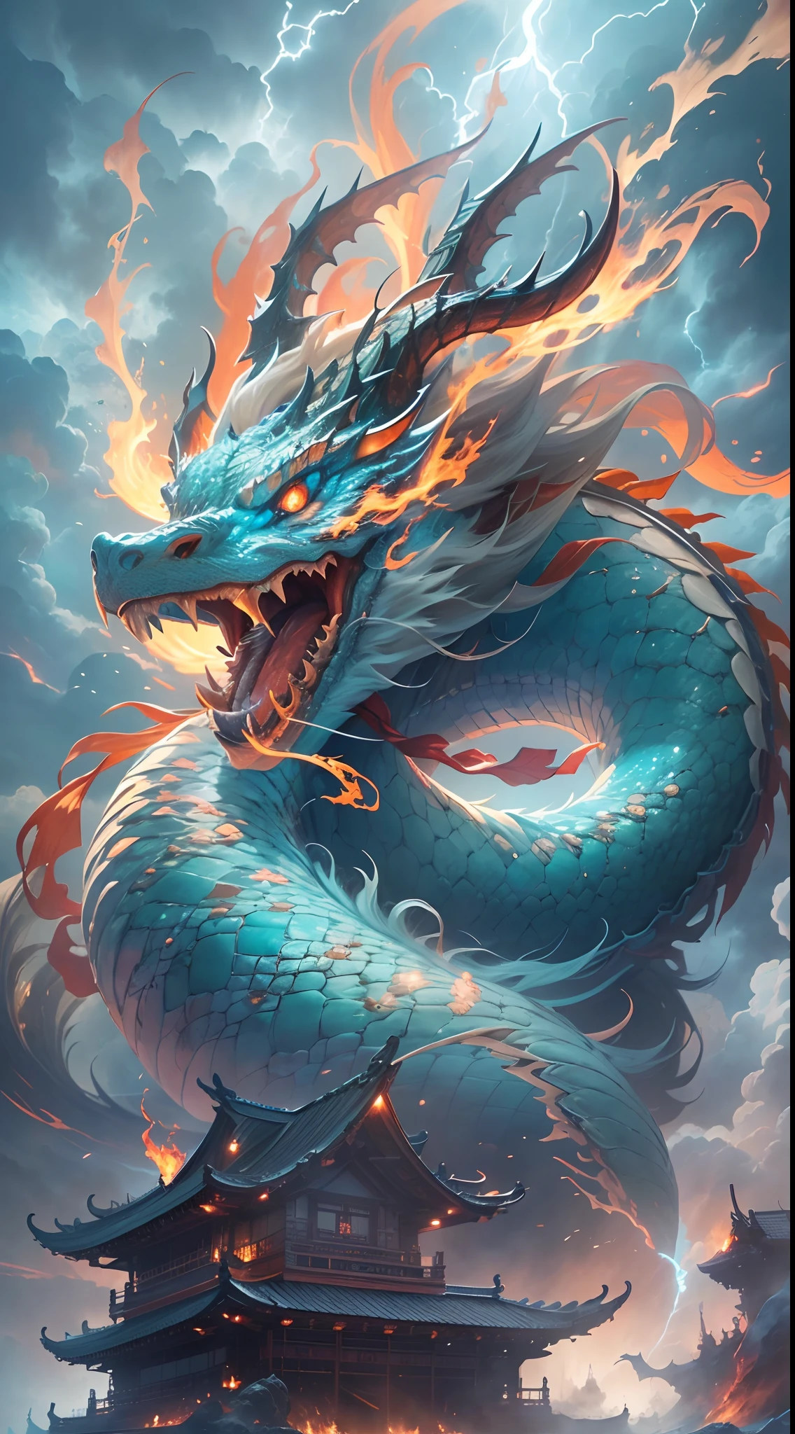 There is a dragon with a blue face and a red nose, cyan chinese dragon fantasy, chinese dragon concept art, Blue dragon, Dragon Art, majestic japanese dragon, Chinese Dragon, Dragon face, smooth chinese dragon, water dragon, dragon with scars, colossal dragon as background, 4K HD wallpapers very detailed, epic dragon, dragon portrait, Legendary Dragon, wallpaper hd