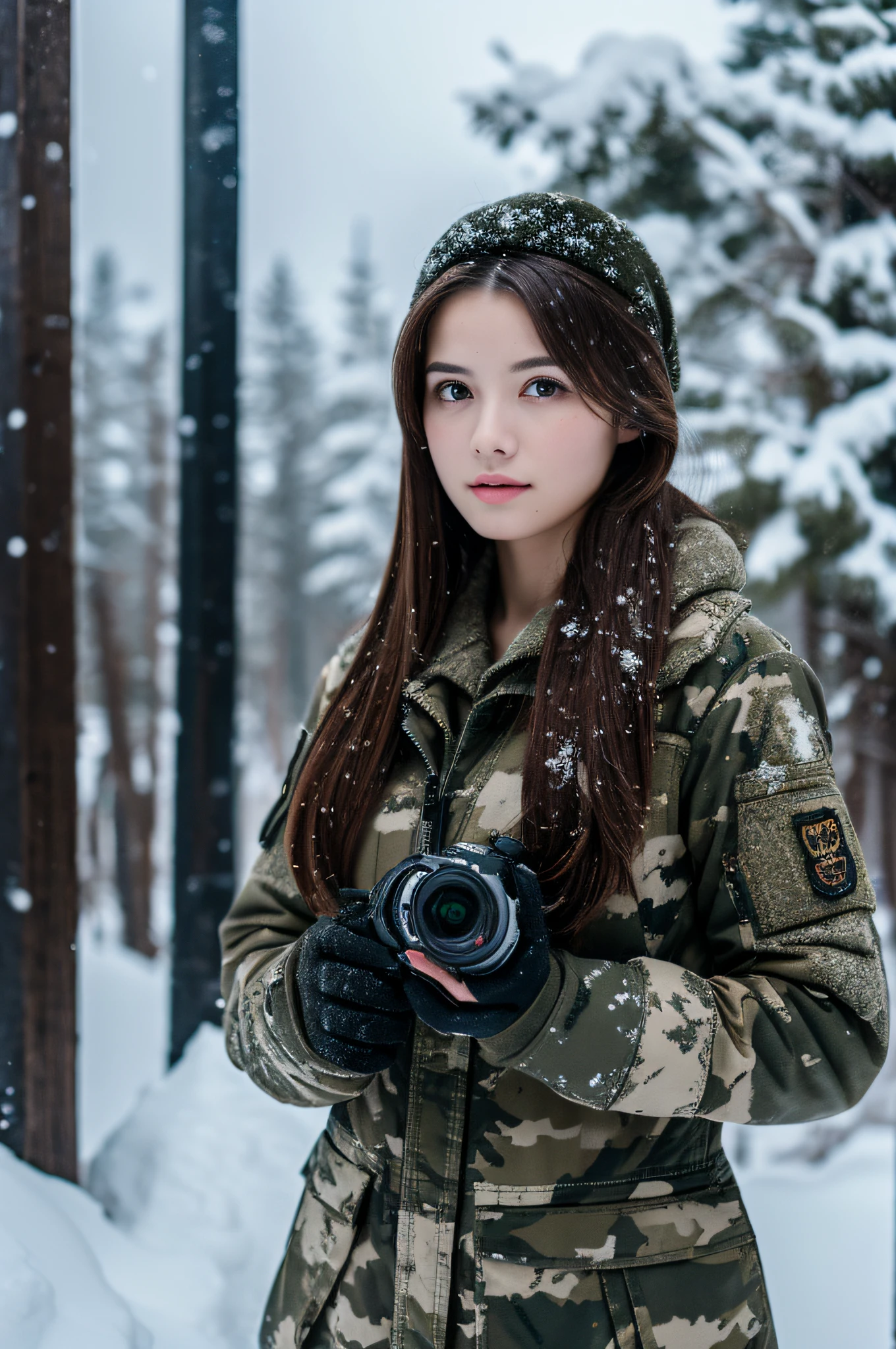 A beautiful brunette soldier girl, Wear a winter camouflage military uniform, Camouflage plate bracket drilling rig, Combat gloves, AR-15, During a snowstorm, Beautiful, Moody lighting, Best quality, Full body portrait, Real picture, Intricate details, Depth of field, In a cold blizzard, Fujifilm XT3, Outdoors, Bright day, Beautiful lighting, RAW photo, 8K  UHD, filmgrain, dark hues, Moody