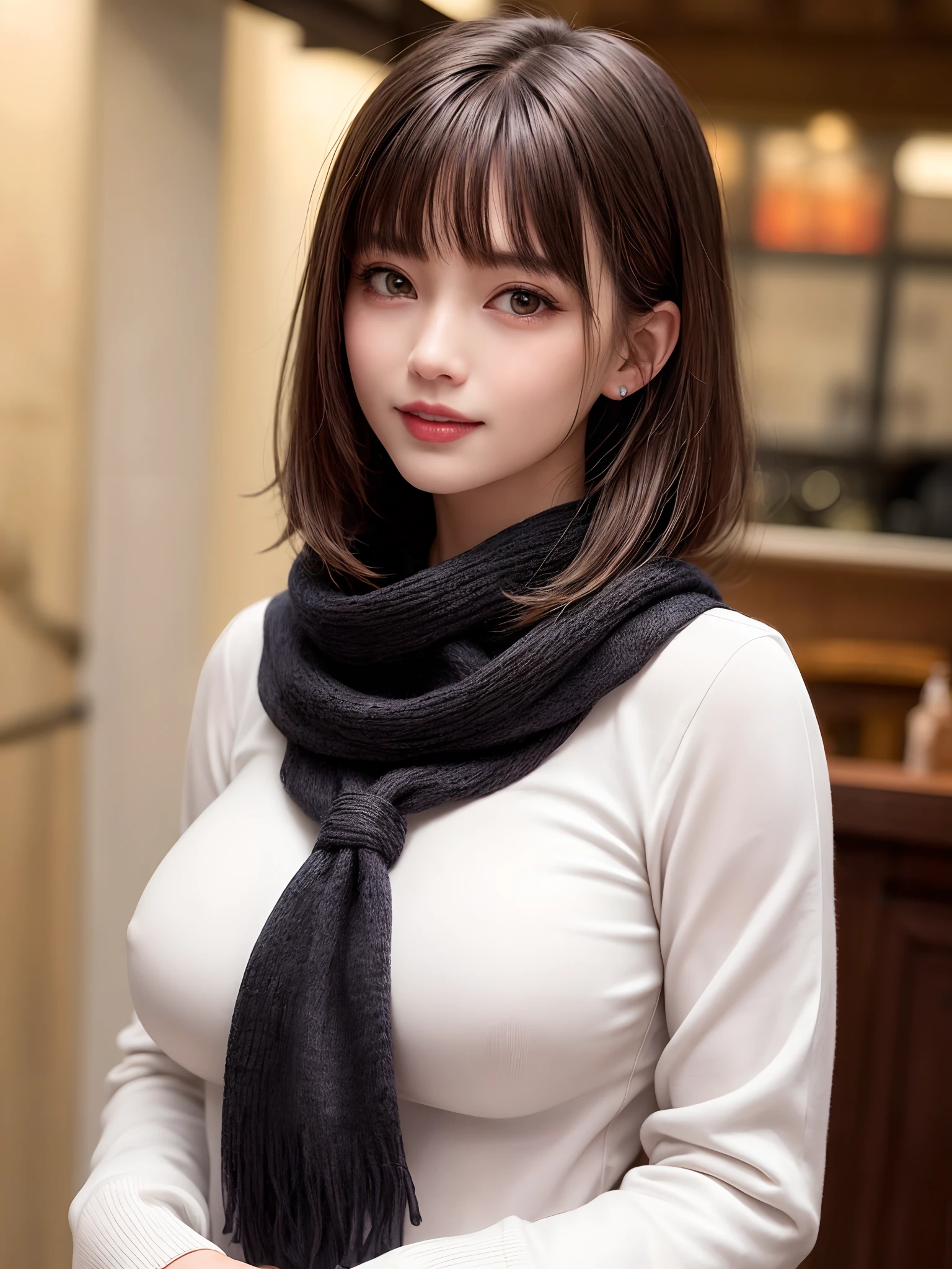 (masterpiece, top-quality、Very attractive adult beauty、Add intense highlights to the eyes、Look firmly at the camera),1girl in, 独奏, A dark-haired, scarf, Hats,, realisitic, looking at the viewers, black eyes of light color, shorth hair, coat, Winter clothes, White headscarf, s lips, lipgloss,bangss, The upper part of the body、big eye、Lashes)、((Road system in Italy))、((Shorthair with bangs、big eye、Put very strong highlights in your students、{Gigantic|Big|Huge|Mega} breasts、very Bigger breasts、gazing at viewer、Very beautiful beauty、Put your ears out、long neck、little smiling、Beautiful teeth、Open your mouth and smile))、28 year old、Very cute supermodel