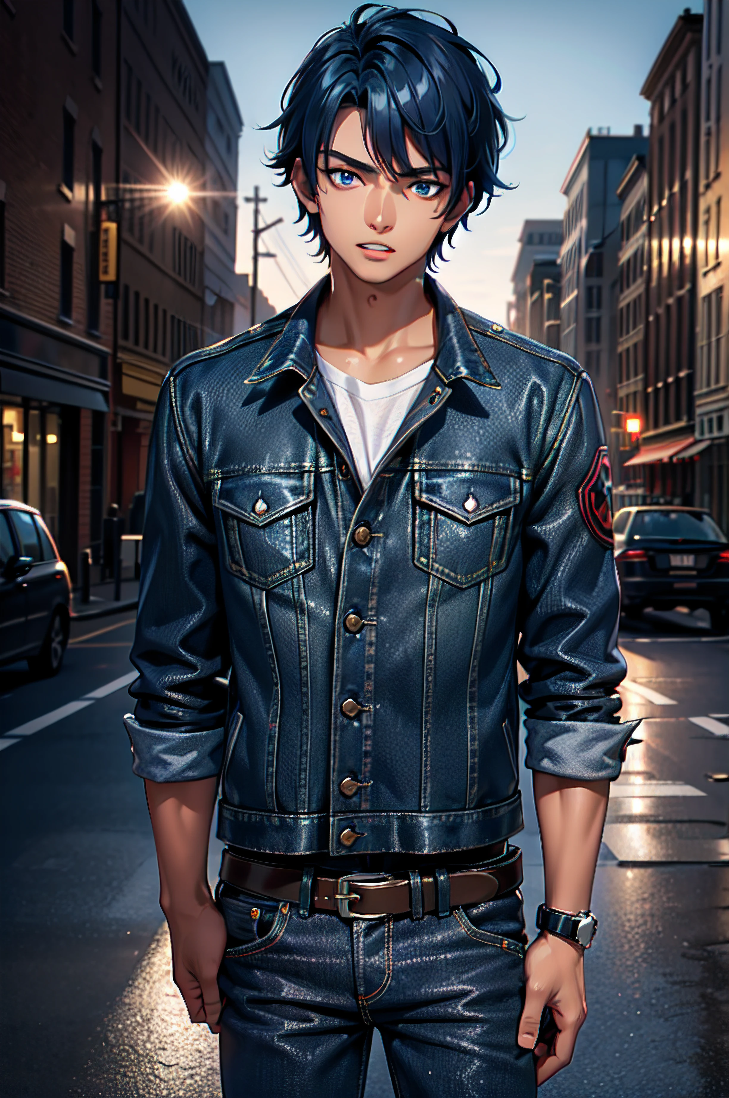 Best quality, masterpiece, high resolution, 8k, ultrasharp, 1boy, boy, tanned skin, tall boy, muscles, looking at viewer, standing straight, beautiful face, lips and nose, face focus teeth open, beautiful circular dark-blue eyes, spiky dark-blue hair, wearing blue leathered jacket, dark blue jeans, black belt, a expensive watch, standing in a urban city, high resolution, best quality, 4k, 8k, ultrasharp, high quality