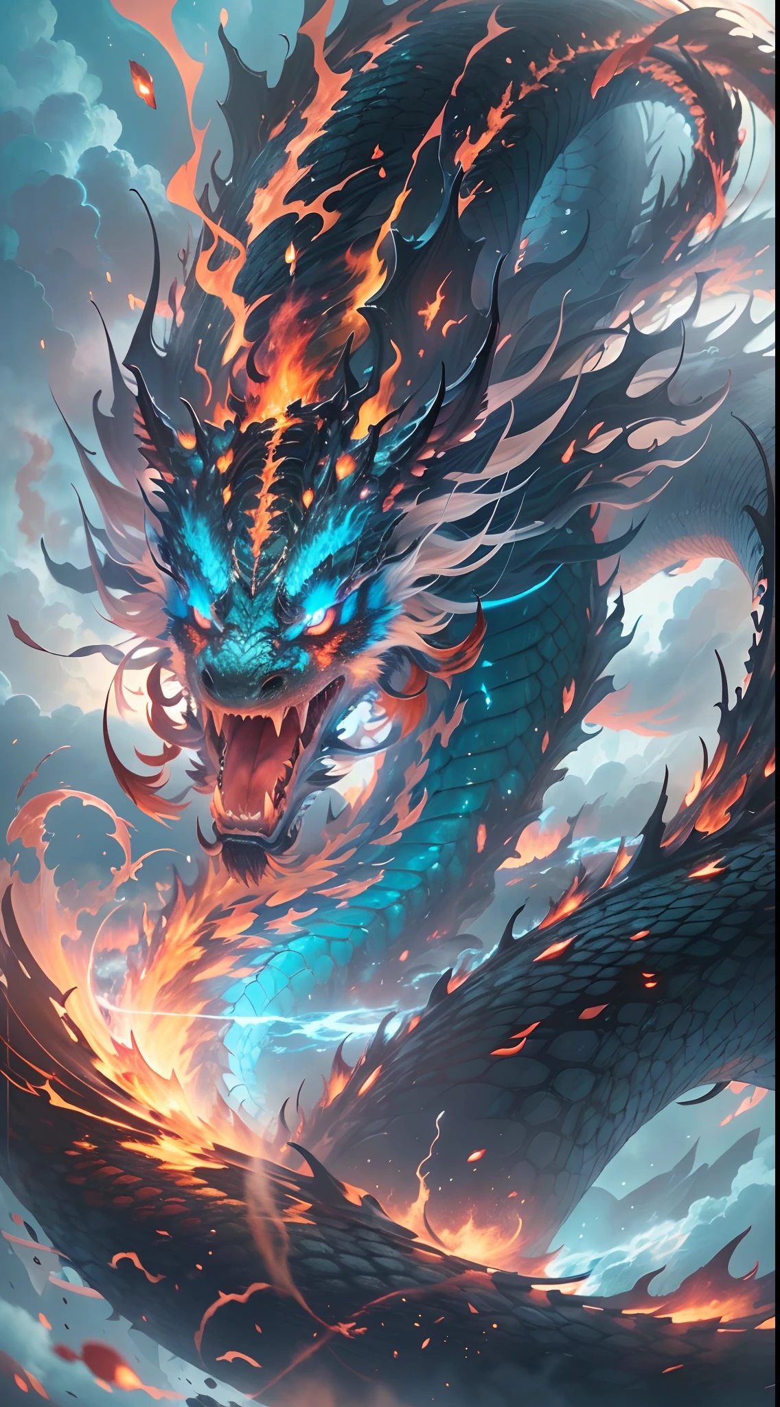 (The main subject: Wide-angle lens), The flame is light blue,[multicolor,(Chinese dragon anthropomorphism)], Lightning,dramatic clouds,(Deep depth of field), rich details​, (Wide sky), (sense of vastness),Energy and vitality, Intricate details.(Best quality, A high resolution, Masterpiece:1.2), (Realistic:1.37), hdr。
