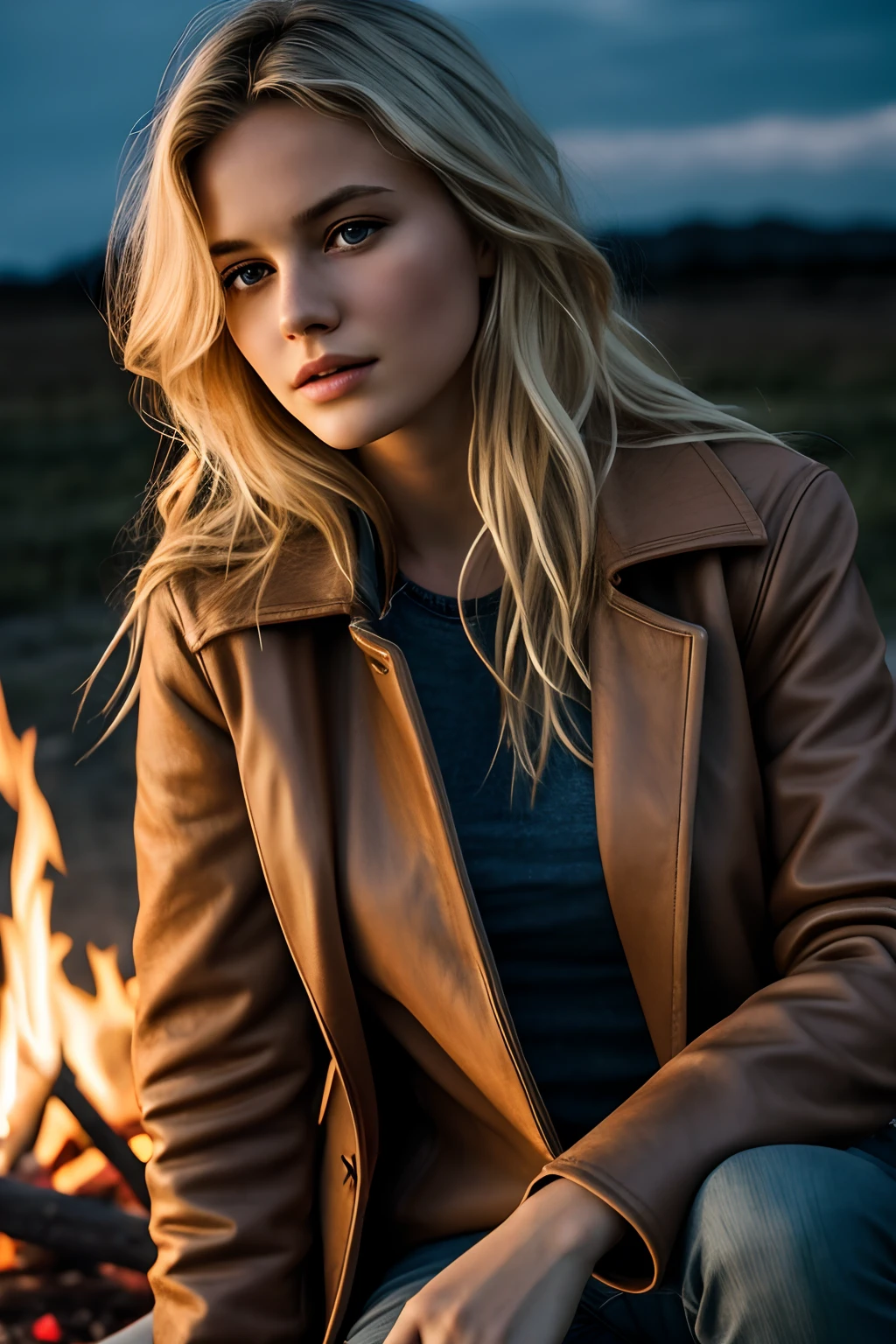 1girl in, age19, Solo, Long wavy blond hair, messy wind blown hair, blondehair, Full body, Colossal tits, sitting by a campfire, wearing brown leather coat, dark blue jeans, (extremely detailed 8k wallpaper), mood lighting, high quality, film grain, Fujifilm XT3 sharp focus, f 5.6, 50mm, High Detail, Sharp focus,(dark light), mood lighting, nighttime, (seductive), Realistic, crazy details, complex details, hyper detailed,