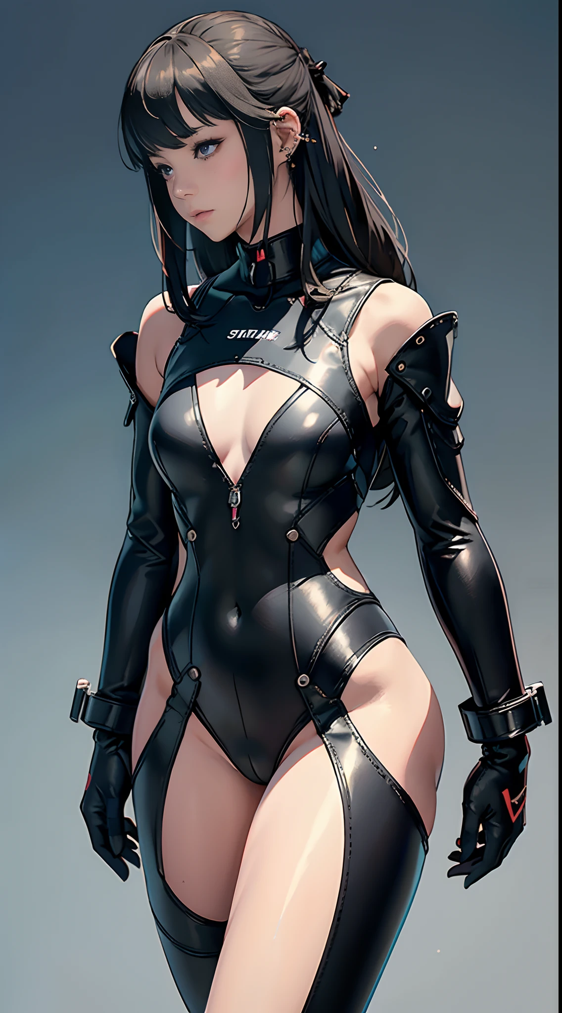 (8K, Raw photography, top-quality, masterpiece:1.2), One Woman、Japan at the age of 18,fullllbody.{scinematic angle、Wide Angle}(Realistic Skins 1.4)、(((Full body rubber suit、Rubber suit covering the whole body)))、(((Shiny rubber suit、Enamel gloves、high-heels、)))((simple background、Gray background))、50mm Lens、30mm film、wide angles、(straight haired、long、Bangs)、(A dark-haired、The forehead is hidden by bangs、)、Black eyes、shinny skin.Beautiful delicate face、Beautiful delicate eyes、{tiny chest、small tits、muscular body、Thicker thighs}、One piercing in each ear、